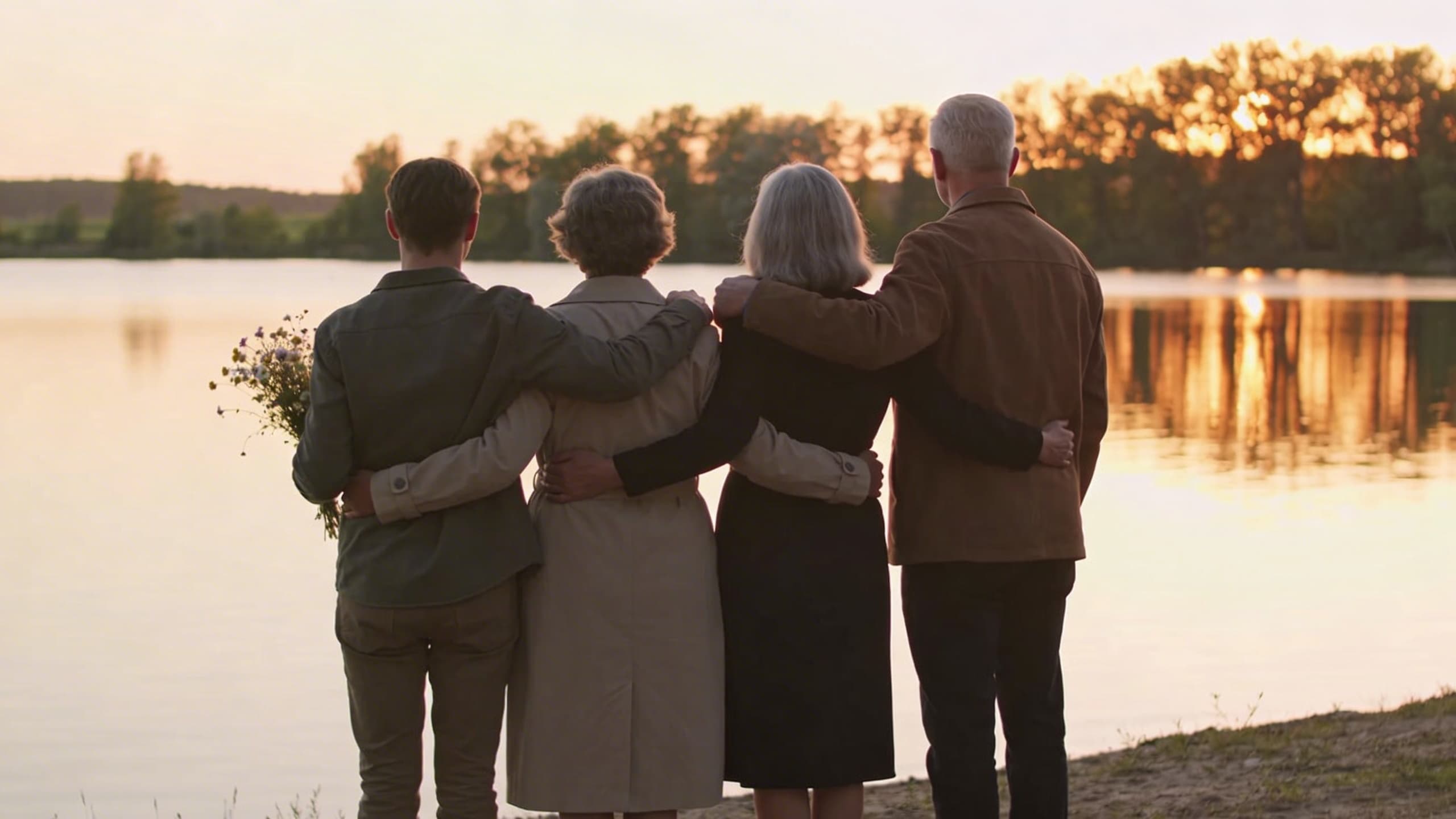 A small family group standing together at a lakeside at golden hour, preparing for an ash scattering ceremony with wildflowers in hand