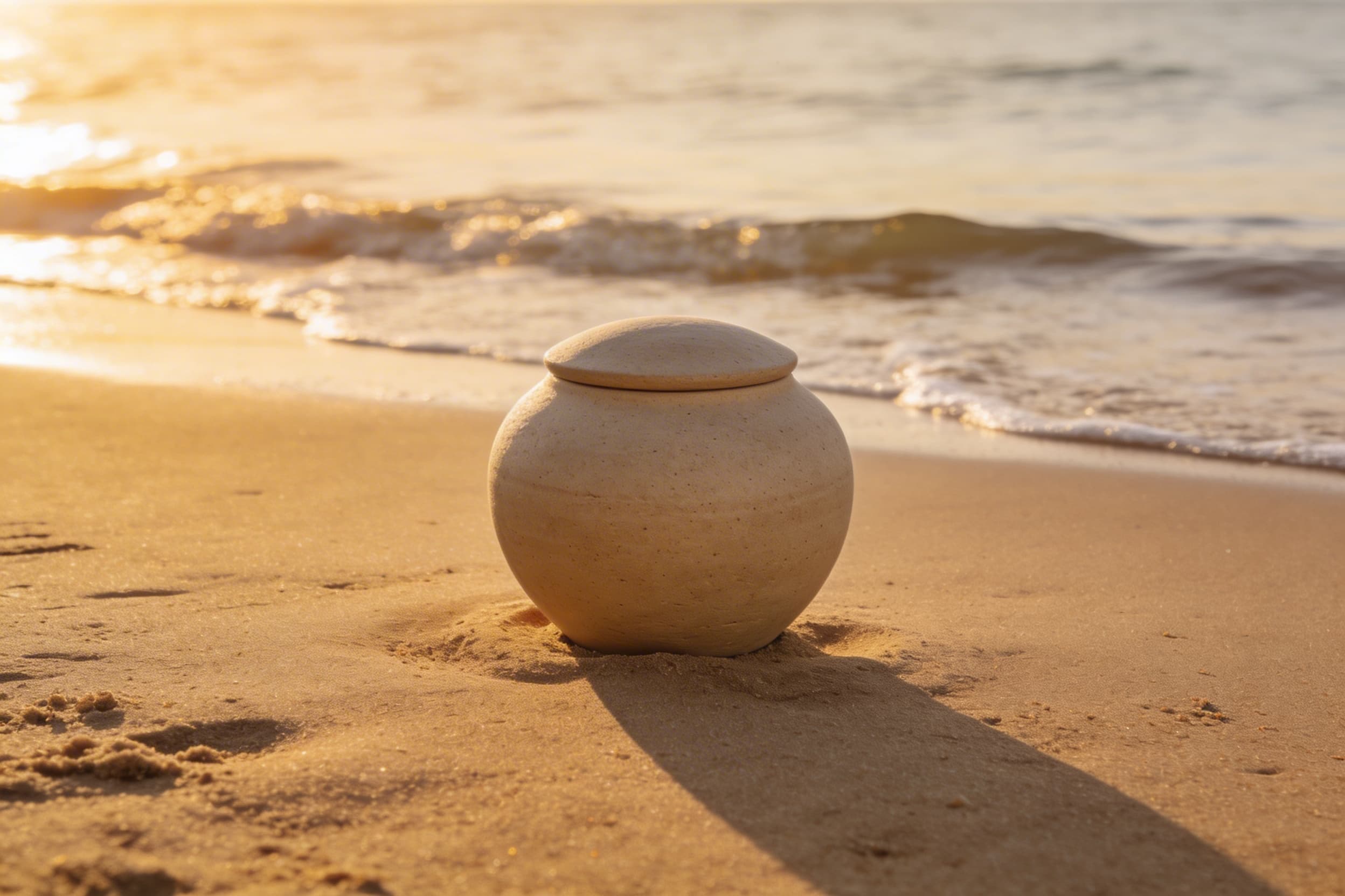 A biodegradable cremation urn resting on a sandy beach with gentle ocean waves approaching at sunrise
