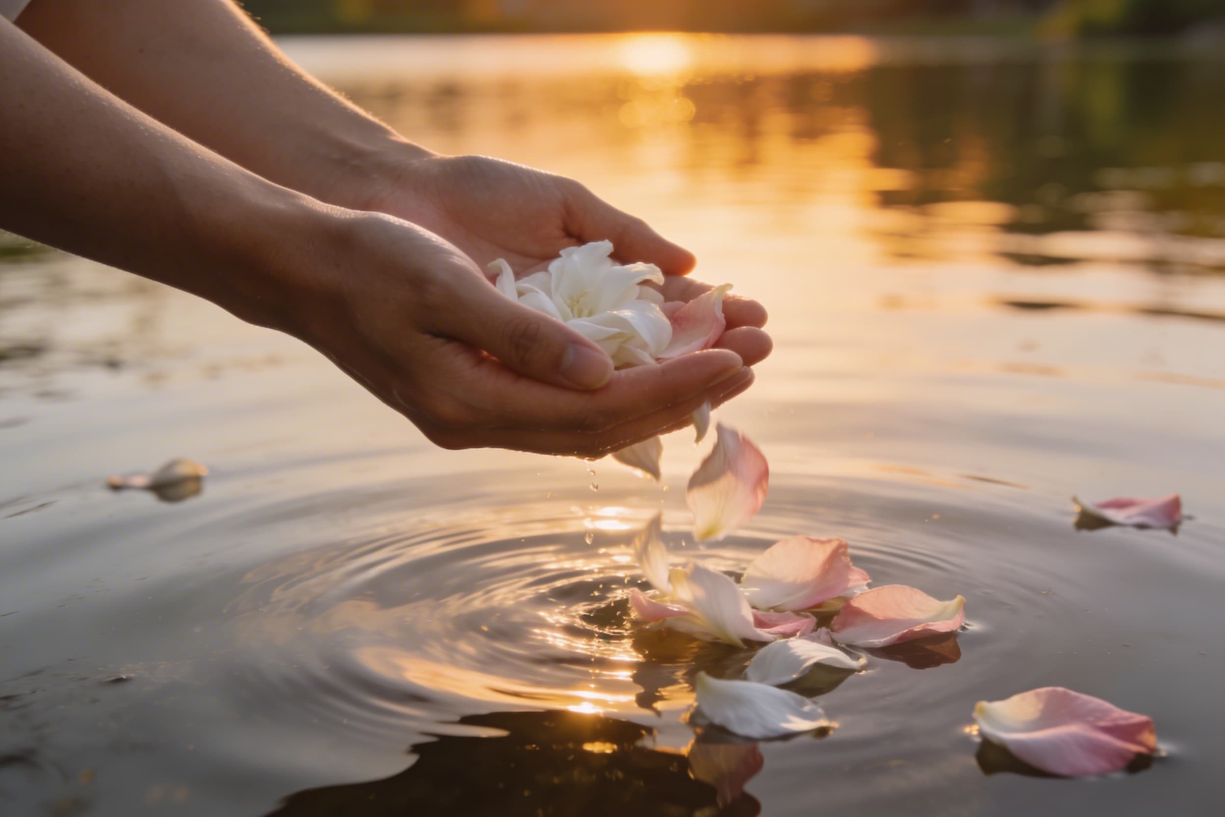 Close-up of hands gently releasing white flower petals onto still water at sunset as part of a scattering ceremony