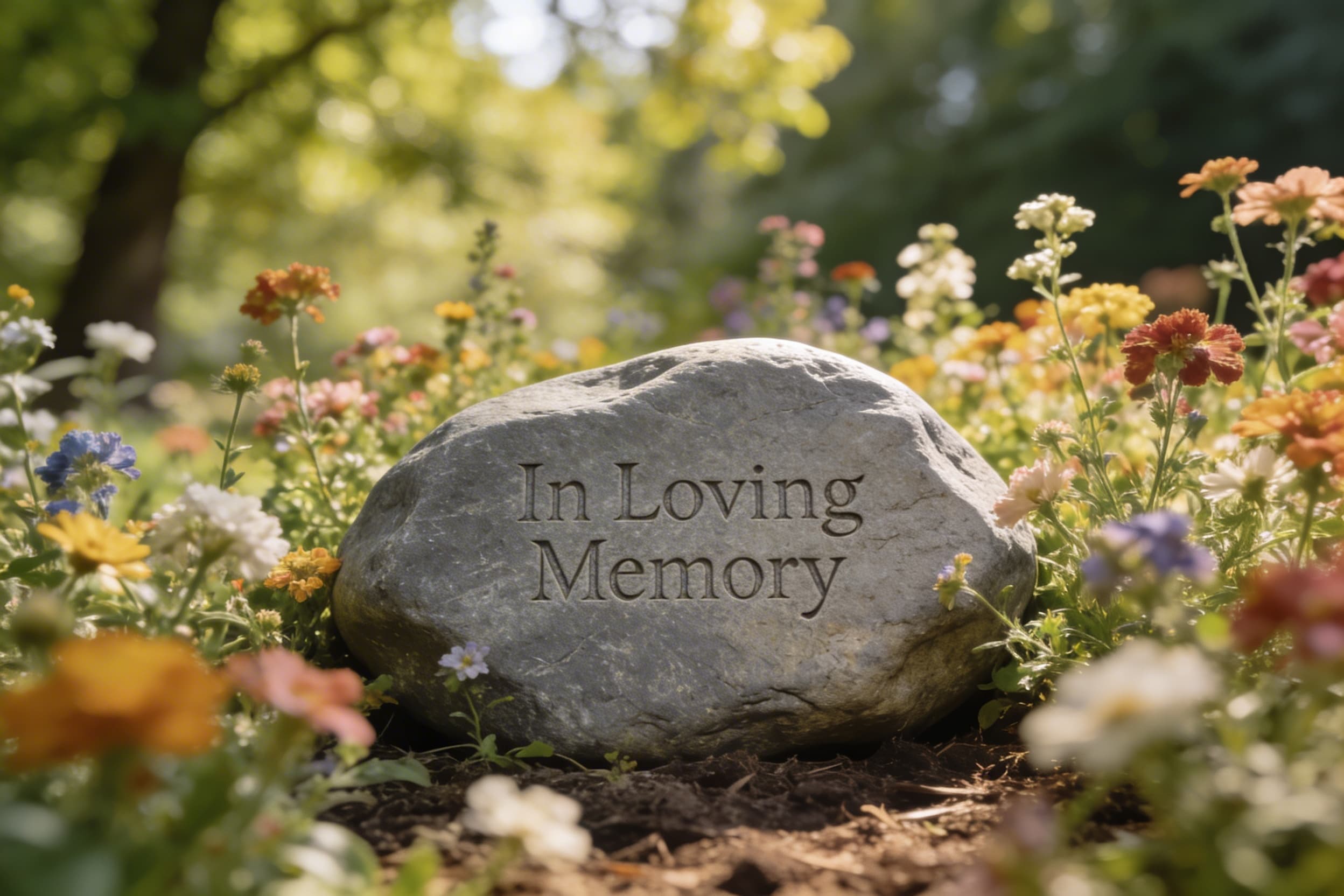 A natural memorial stone engraved with a loved one's name nestled among wildflowers in a peaceful garden setting