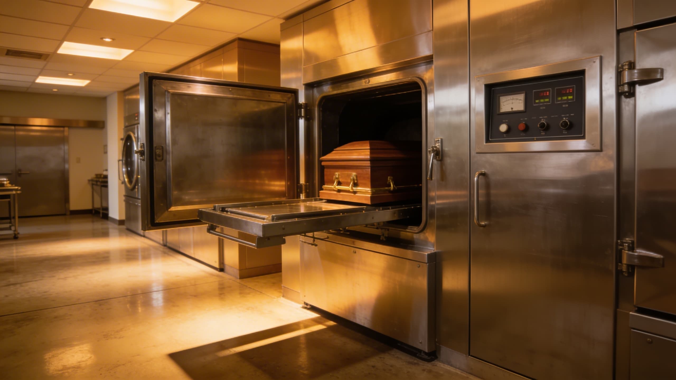 The exterior of a modern cremation retort chamber with stainless steel doors in a clean, well-lit crematorium facility