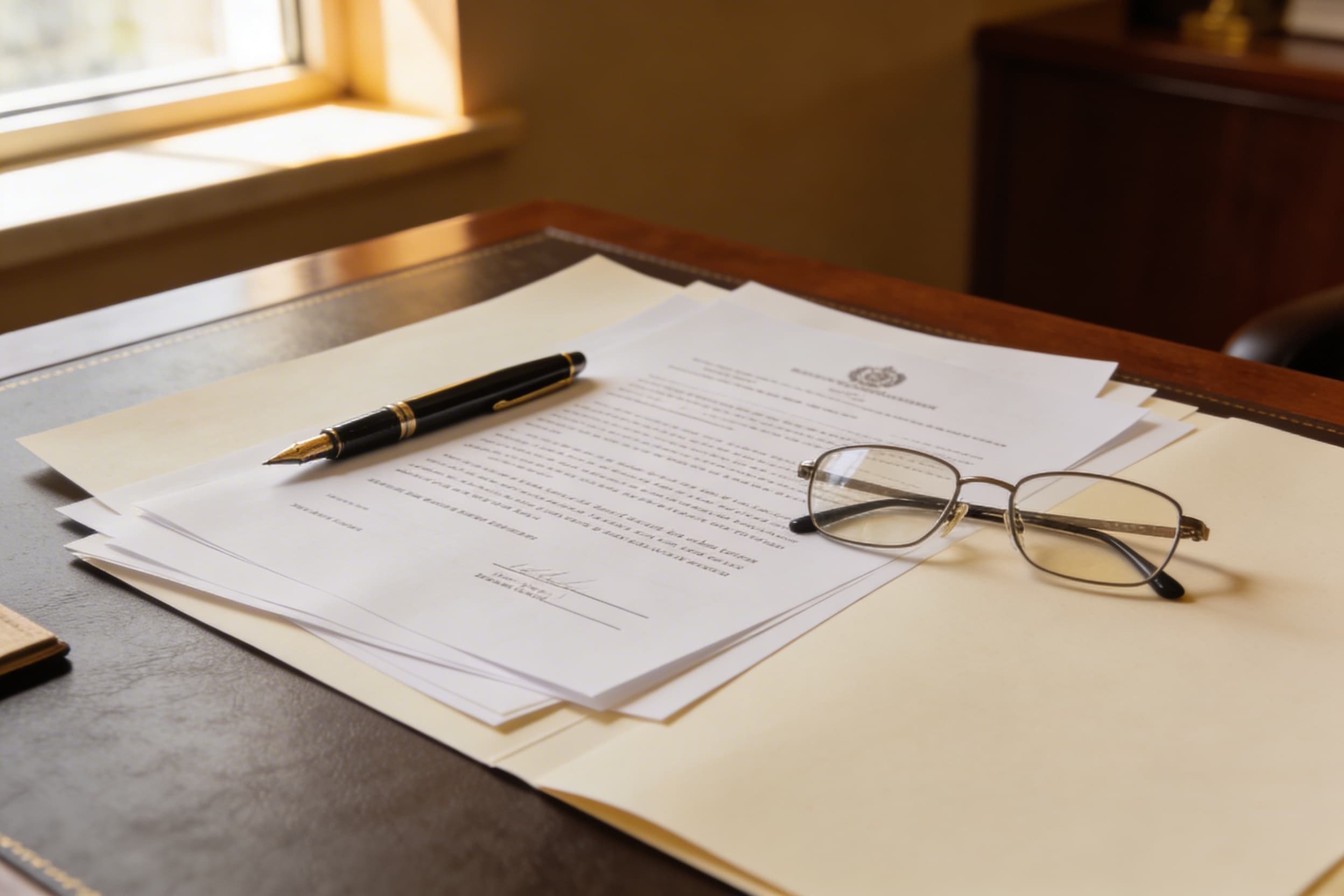 A formal desk scene with legal documents including a death certificate, pen, and reading glasses in soft natural light
