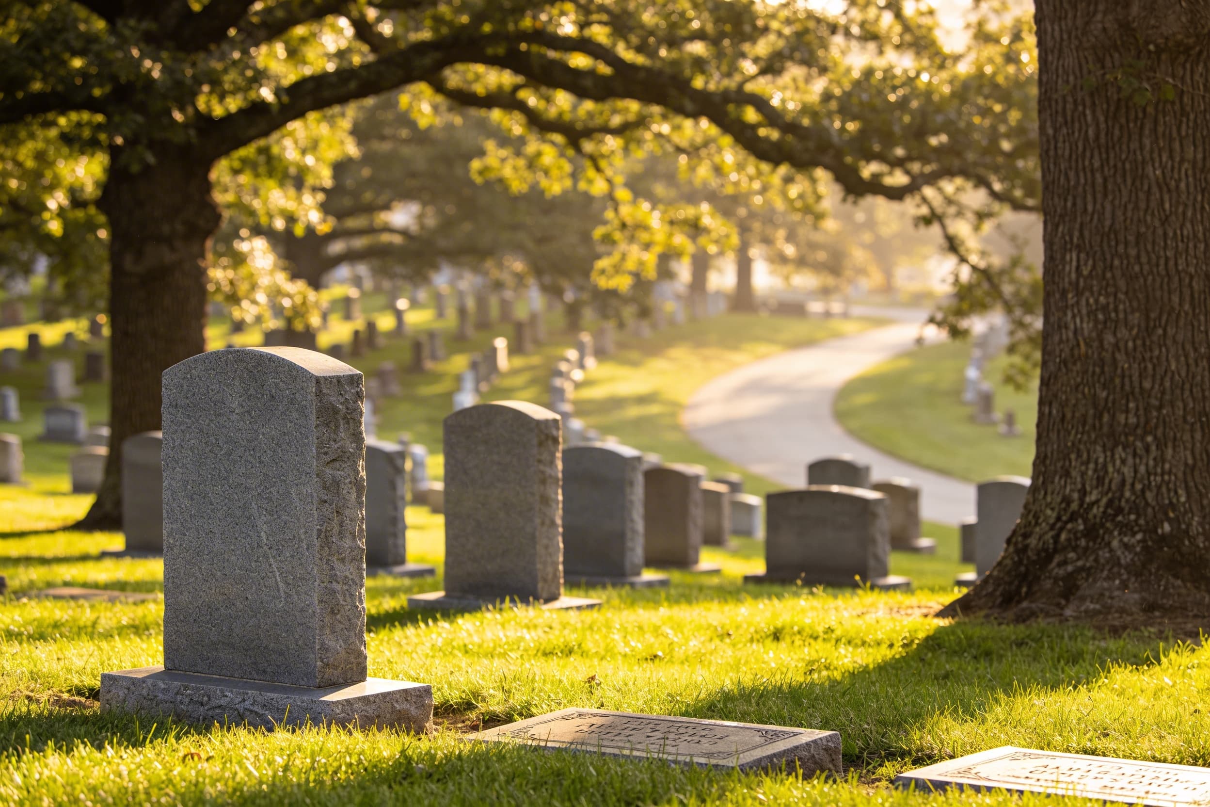 A peaceful, well-maintained cemetery with rows of headstones among mature trees and green grass in gentle morning light