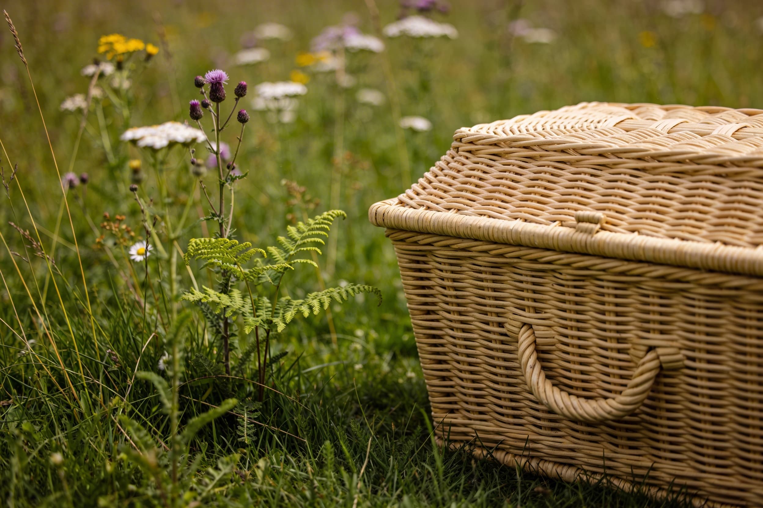 A biodegradable wicker casket resting on green grass in a natural burial ground surrounded by wildflowers and trees