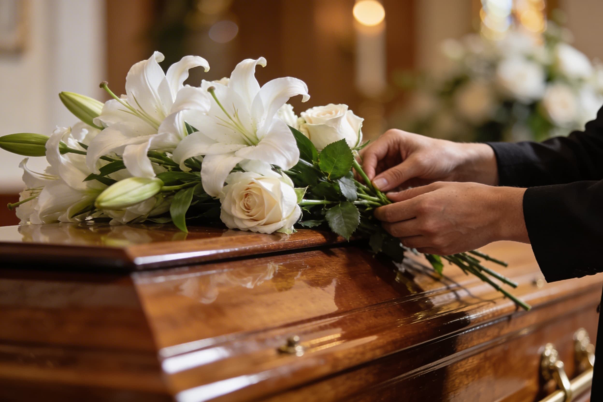 A pair of hands gently arranging white flowers beside an open casket at a funeral service