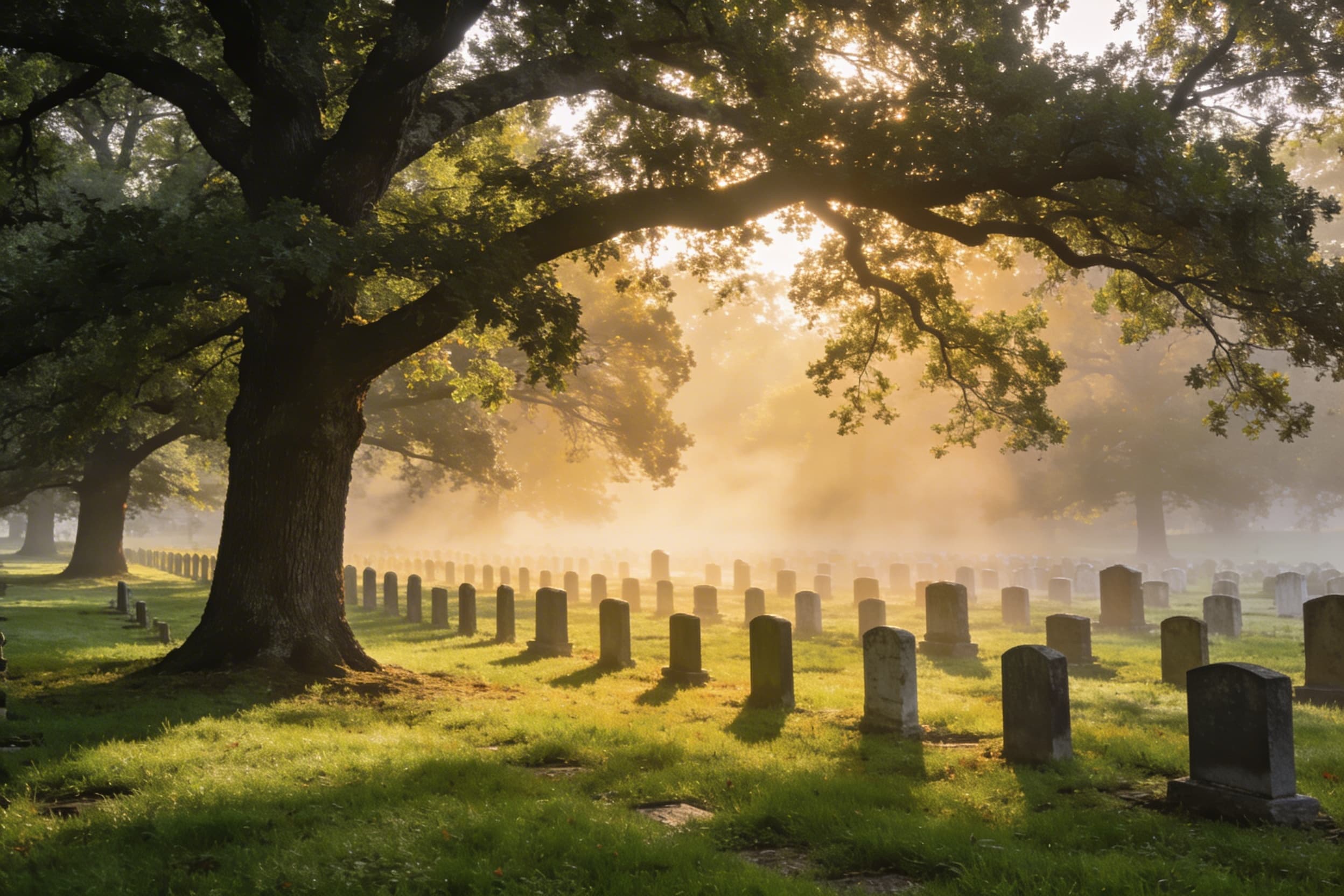 A peaceful cemetery landscape with green grass, mature trees, and rows of headstones in soft morning light