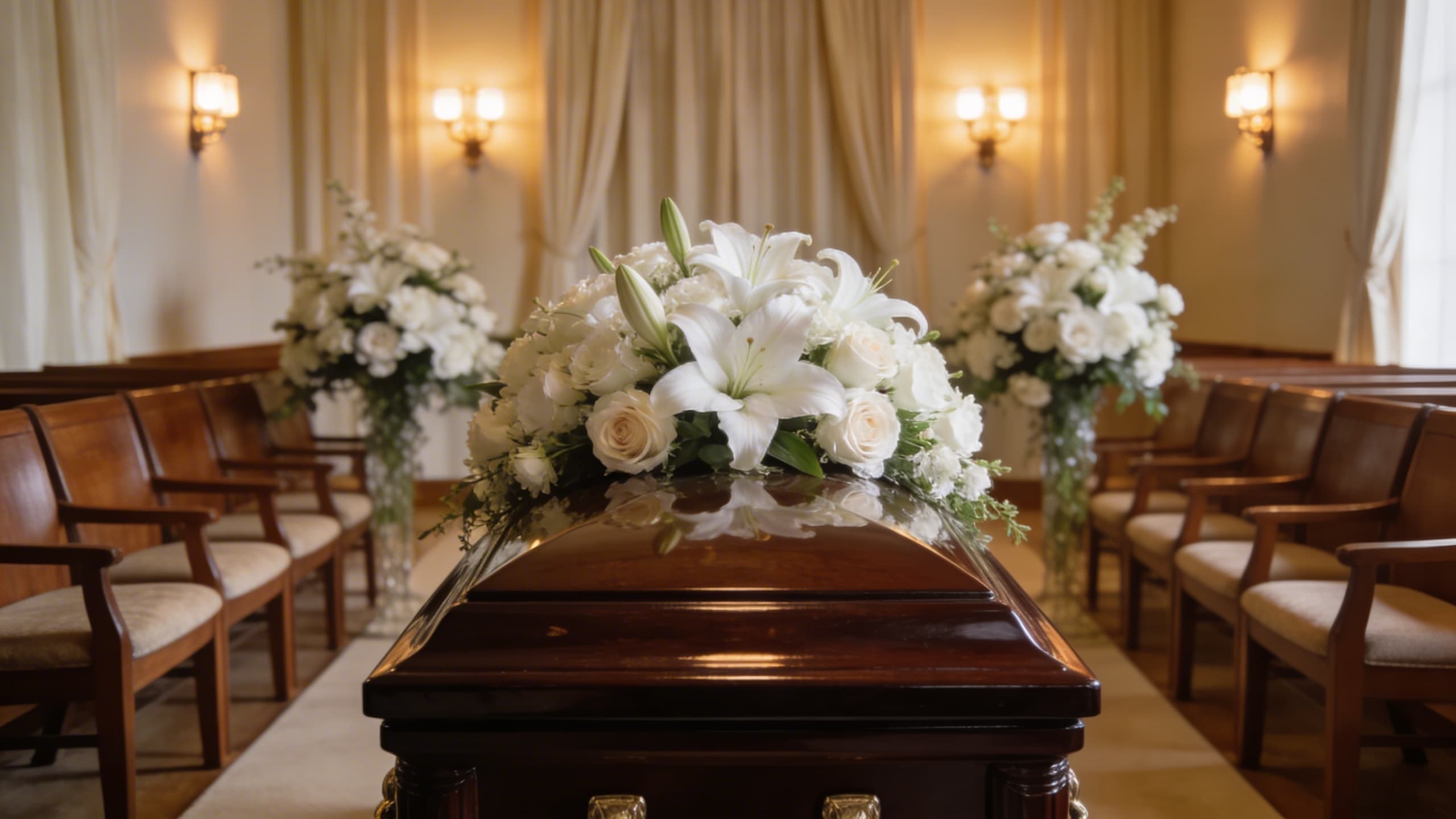 A tastefully arranged funeral home chapel with warm lighting, a wooden casket surrounded by white flower arrangements, and rows of empty chairs