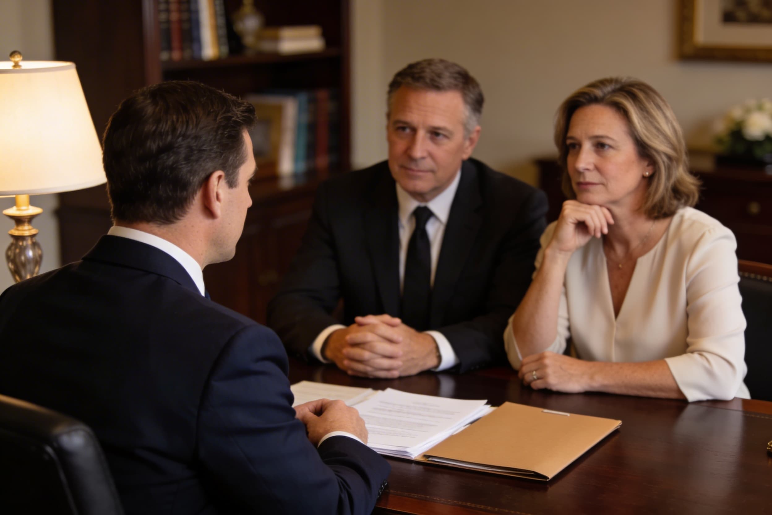A funeral director in a dark suit seated at a desk with a middle-aged couple, discussing paperwork in a warm, softly lit office