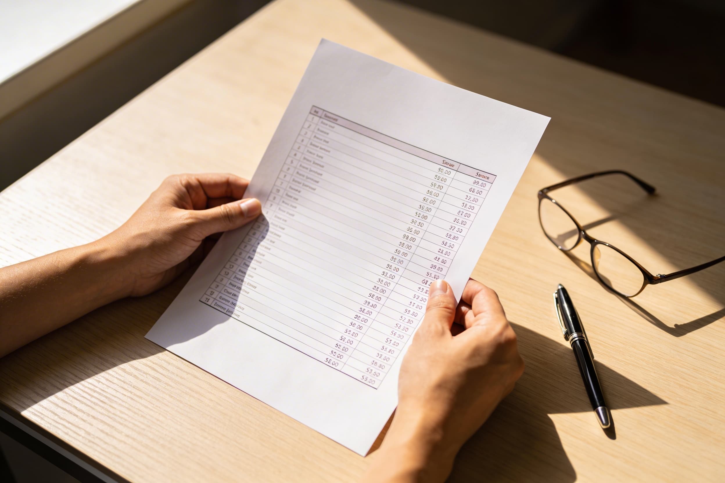 Close-up of hands holding a printed General Price List document on a desk, with a pen and reading glasses beside it