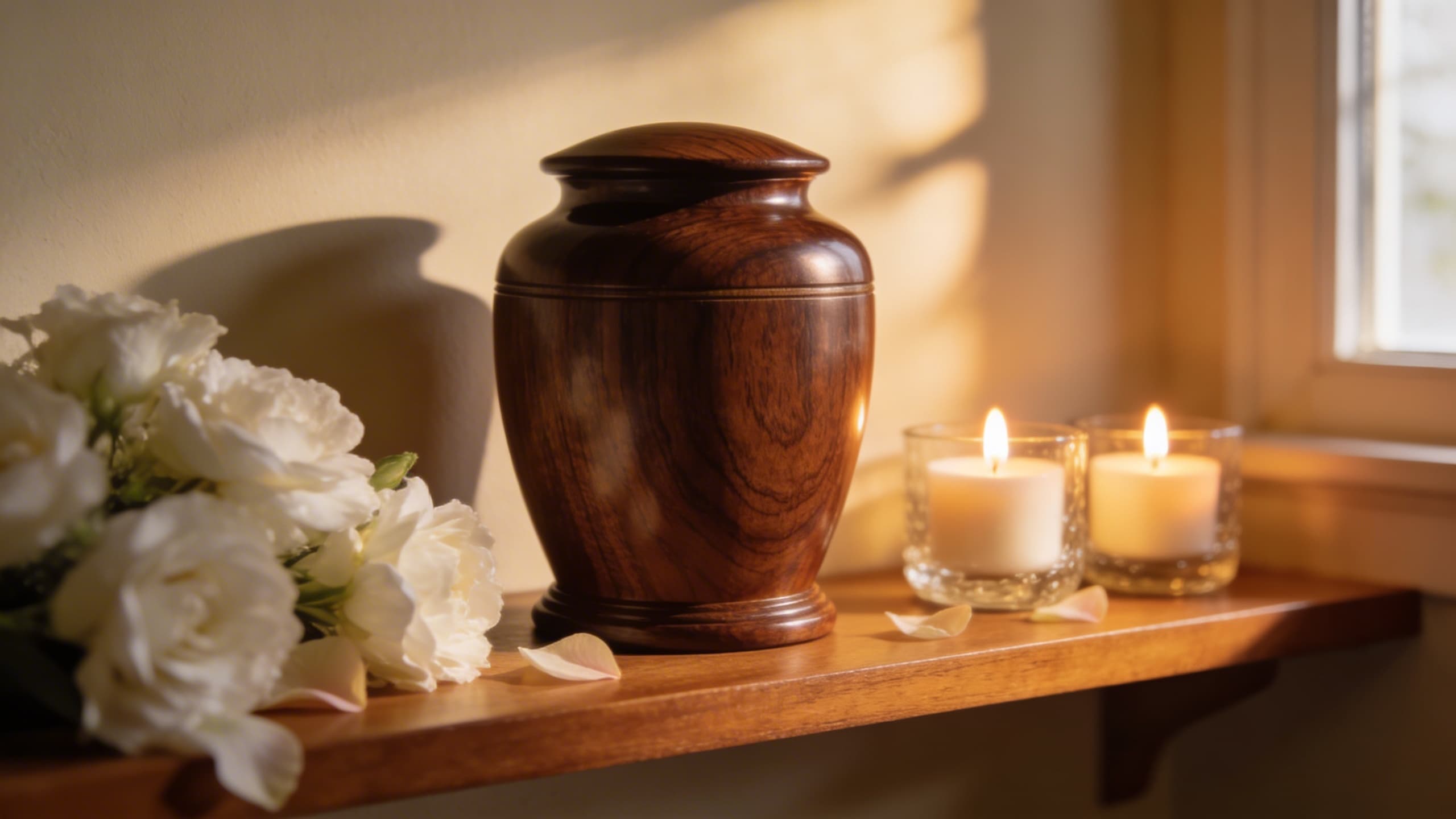 A meaningful memorial display featuring a cremation urn on a wooden shelf surrounded by soft flowers and candles in a warmly lit room