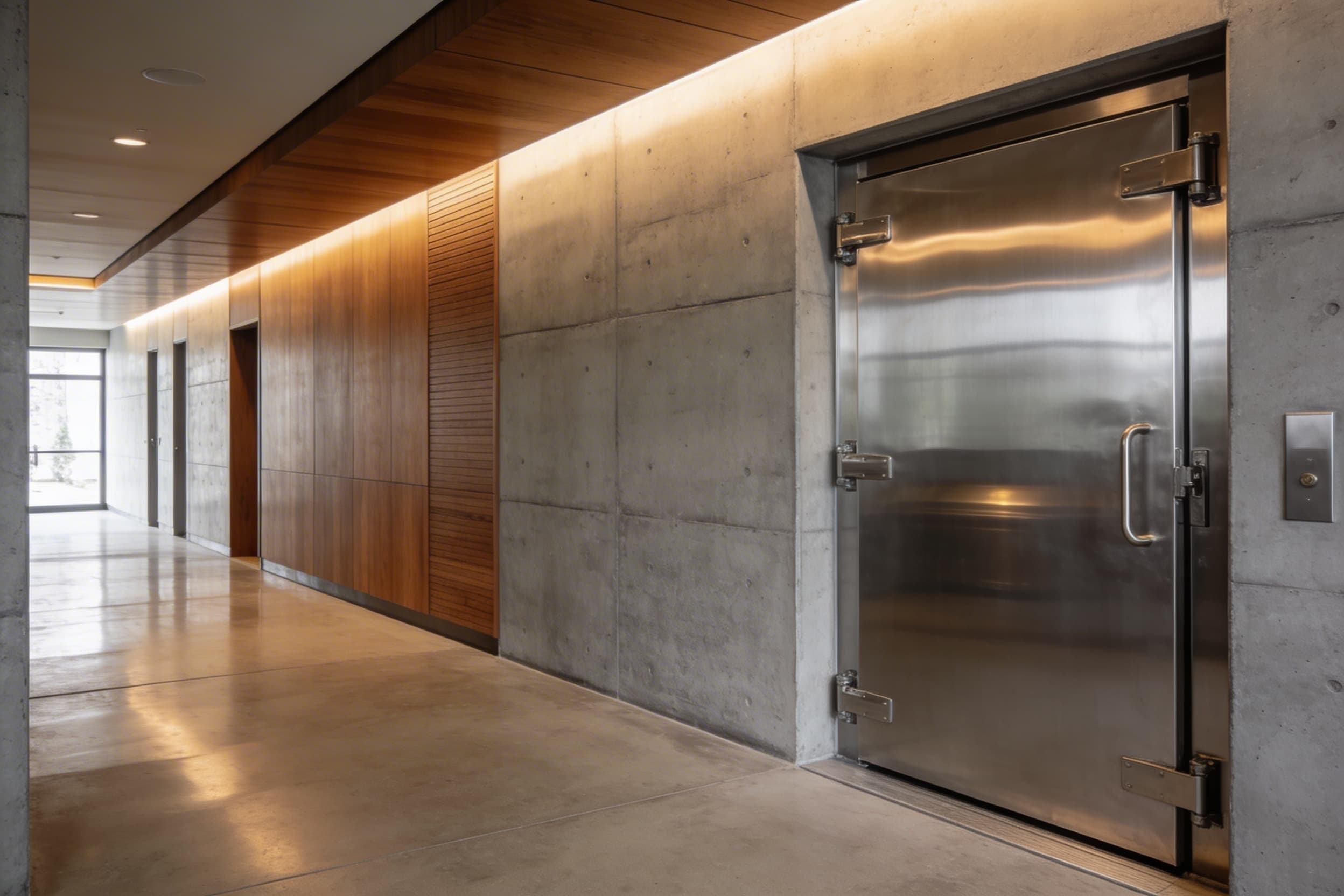 A modern cremation facility showing the exterior of a cremation chamber with warm interior lighting and a clean professional environment
