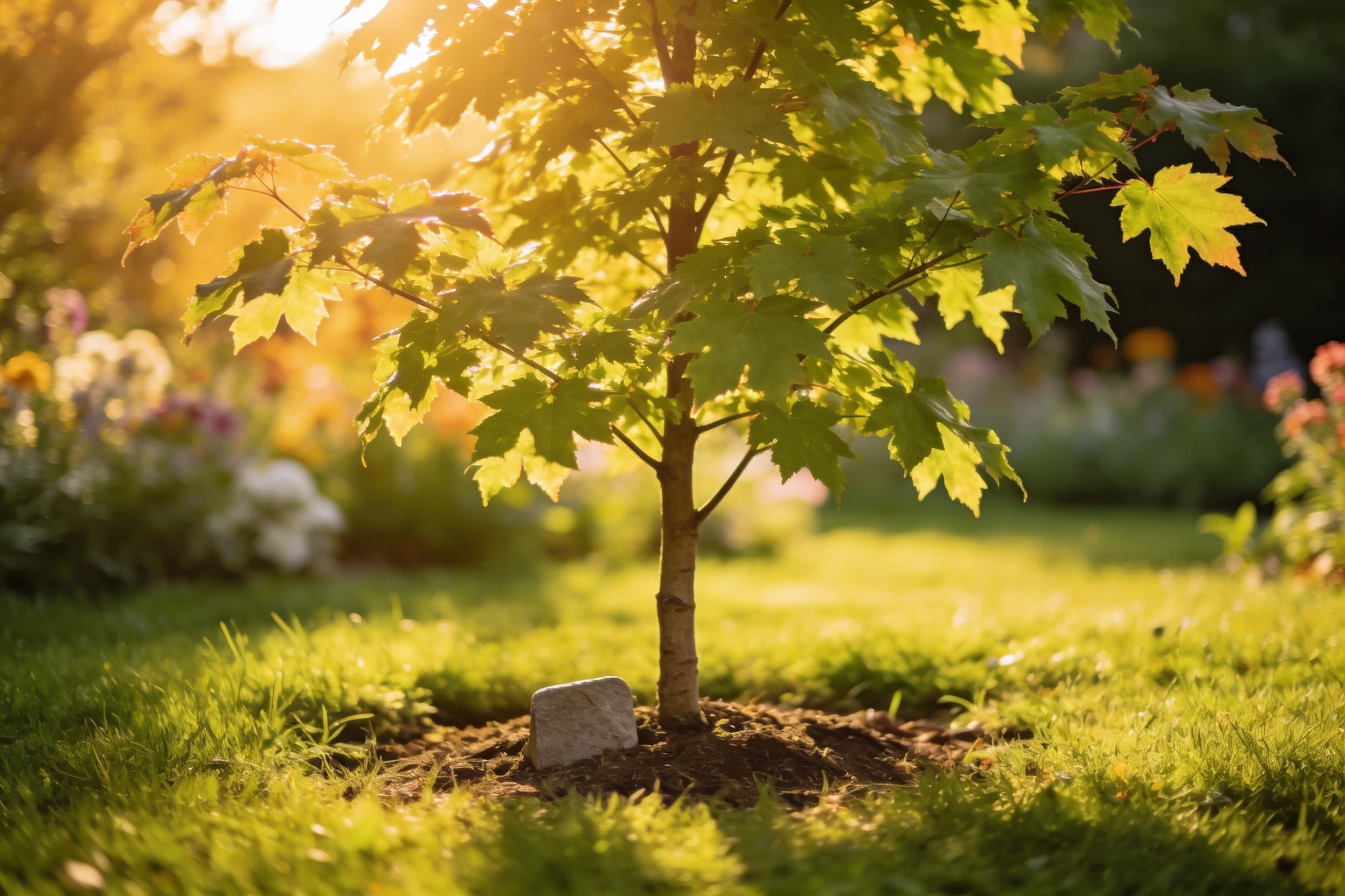 A young healthy tree growing in a sunlit garden with warm golden light filtering through leaves symbolizing a living memorial