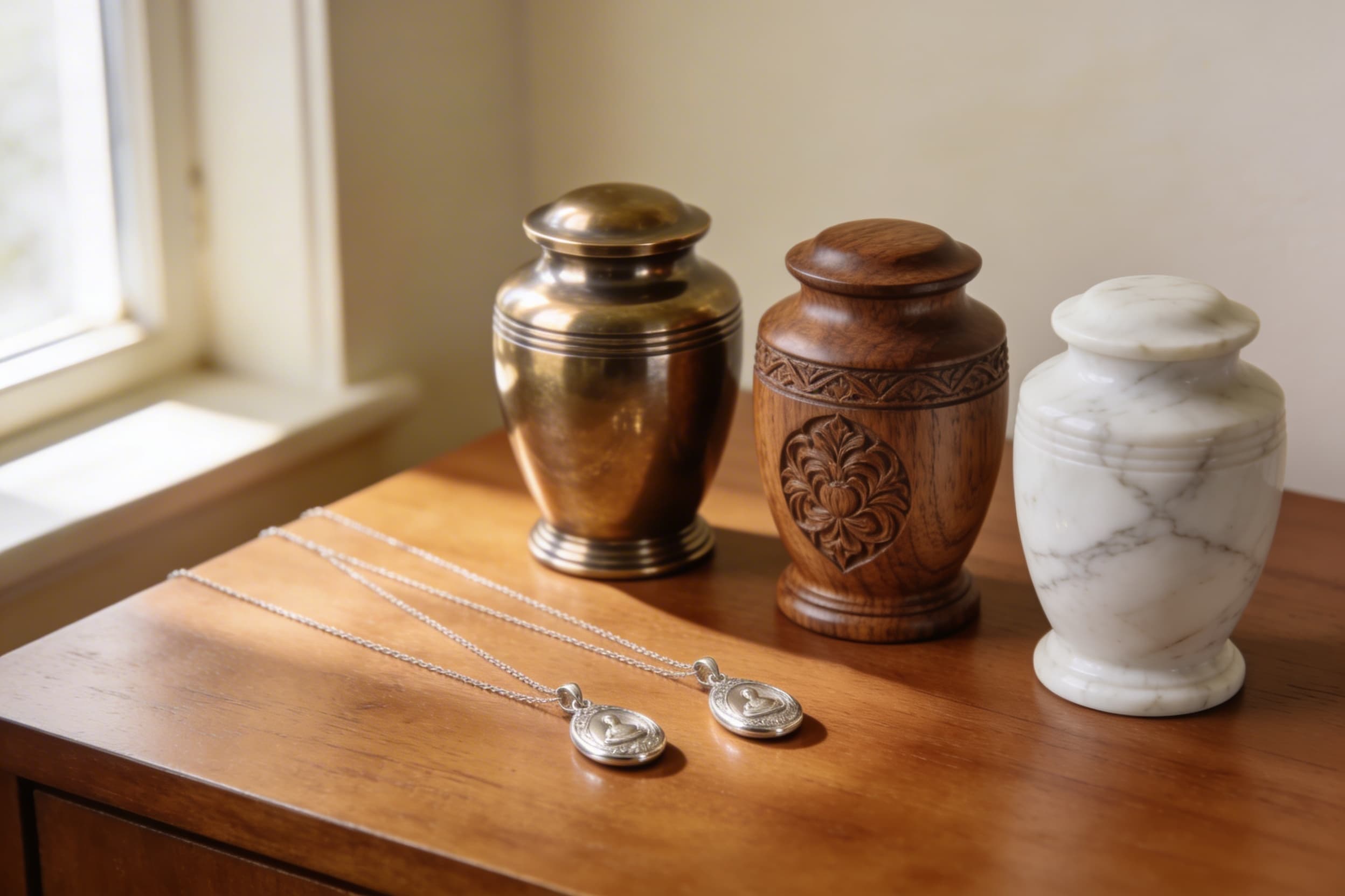 An elegant display of several cremation urns in different styles and materials alongside delicate cremation jewelry pieces on a warm wooden surface