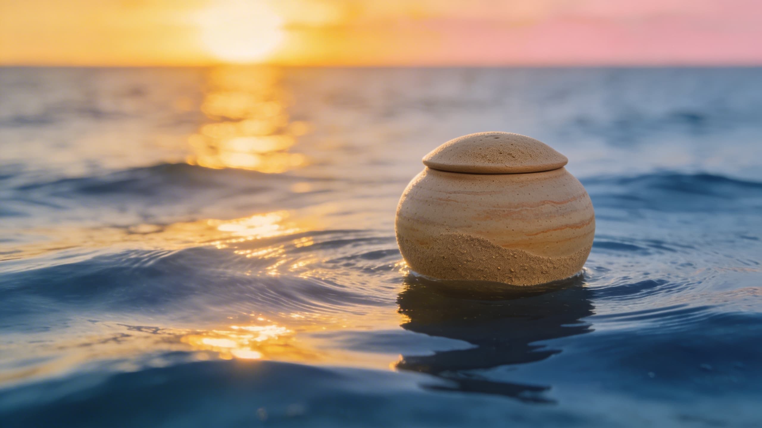 A biodegradable cremation urn floating on calm blue ocean water at sunset with gentle waves and a warm golden sky