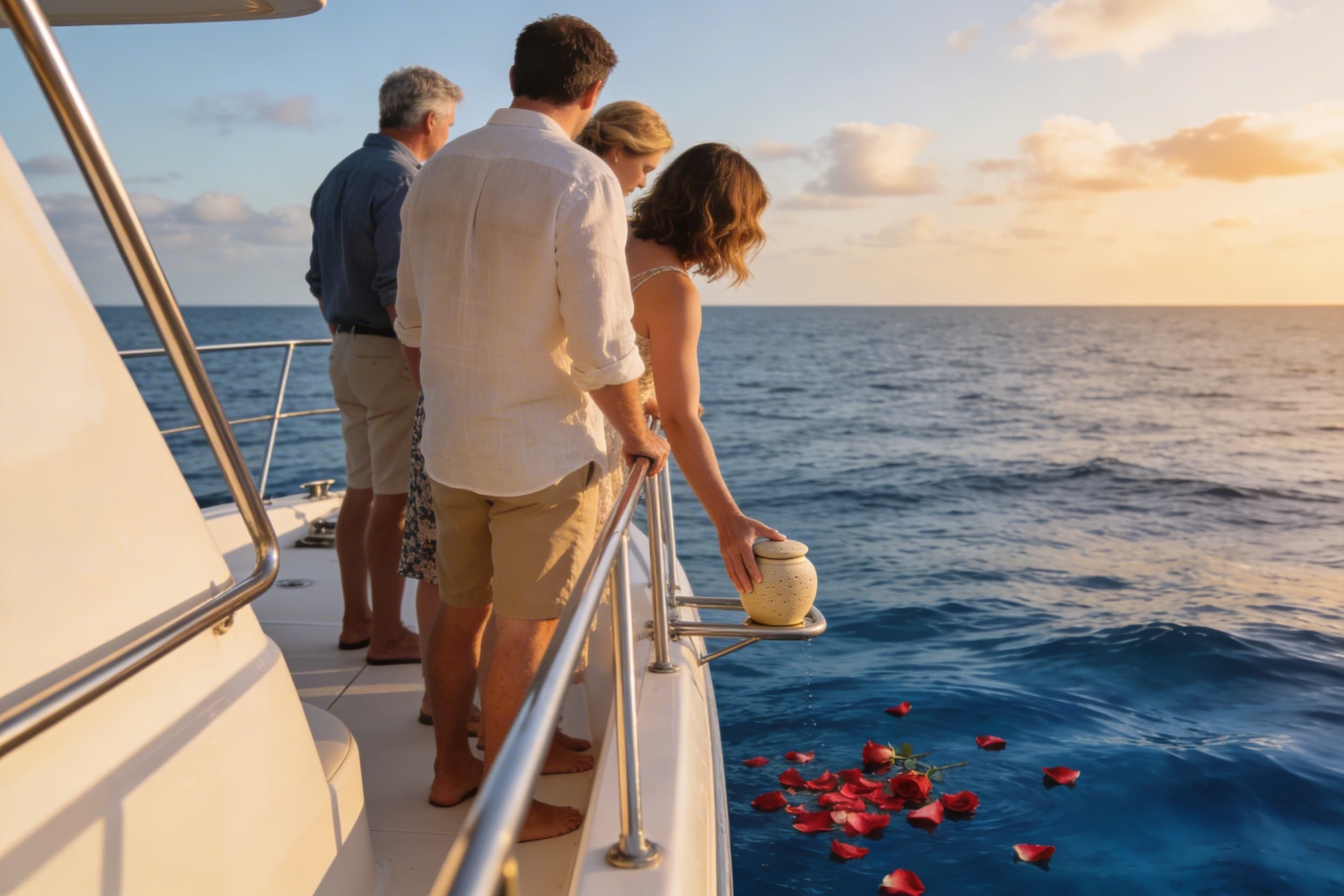 A family standing on the stern of a white charter boat watching a small biodegradable urn being gently released into blue ocean water