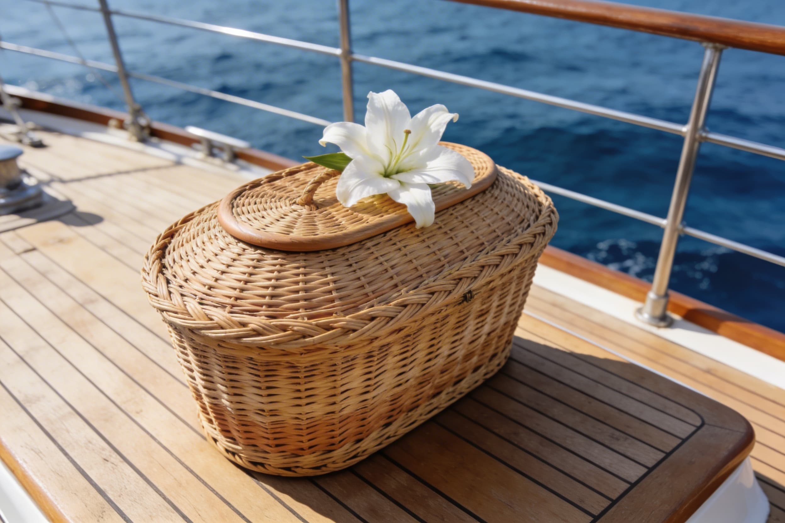 A beautifully woven wicker burial casket resting on a wooden boat deck with a single white lily on top and deep blue ocean visible in the background