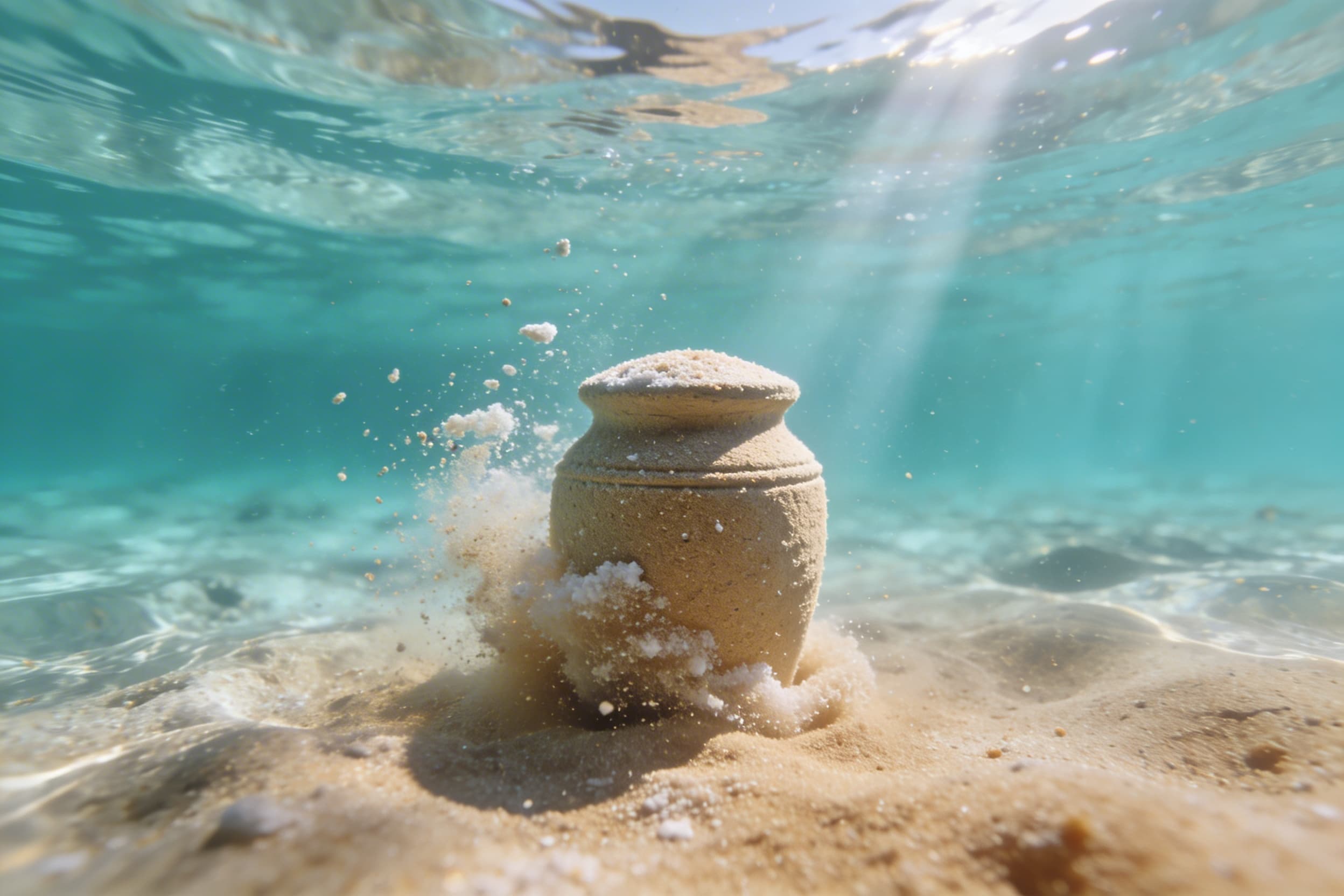 A biodegradable cremation urn partially submerged in clear turquoise ocean water beginning to dissolve with small particles drifting away in gentle sunlight