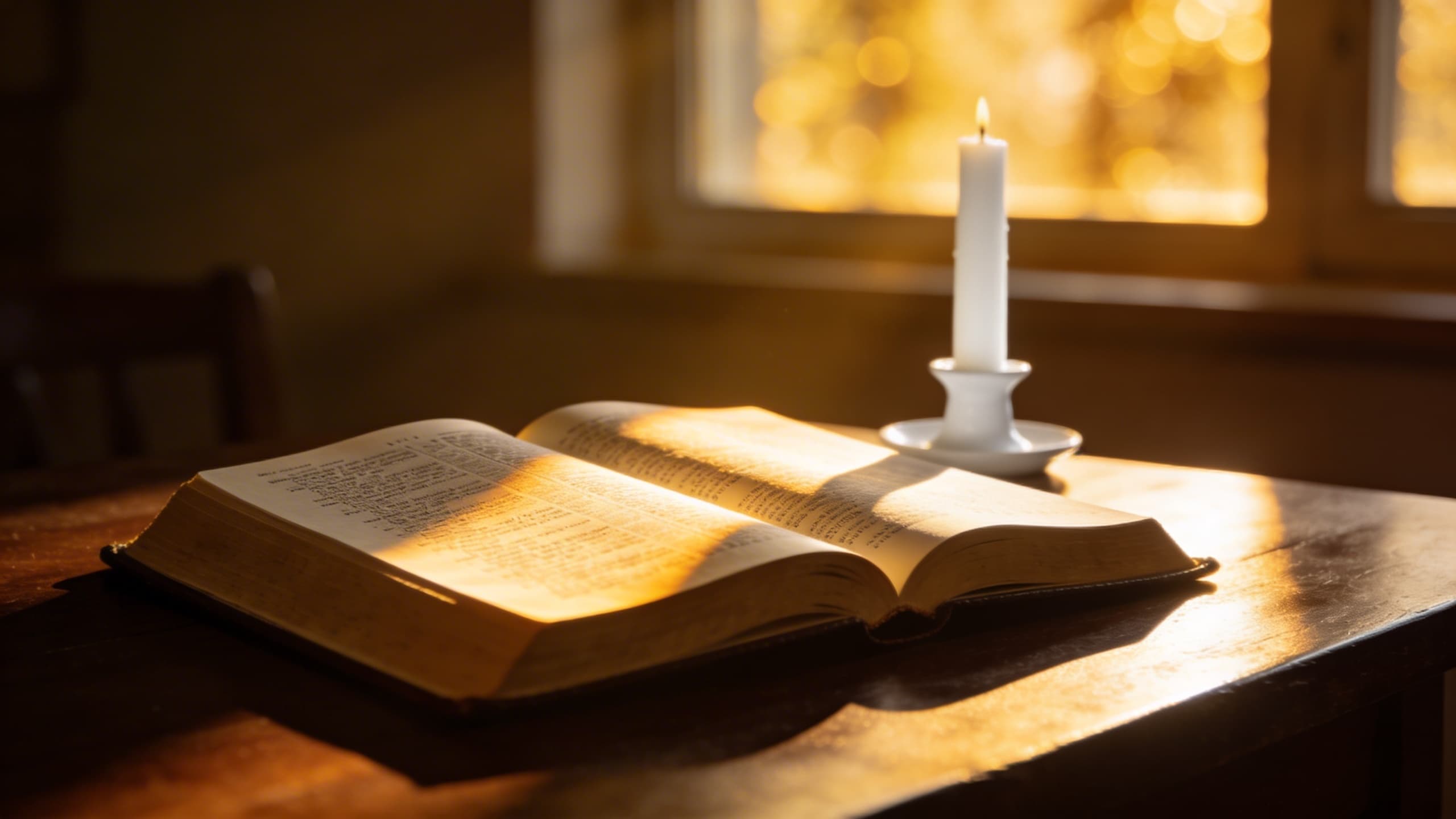 An open Bible resting on a wooden surface with soft natural light illuminating the pages