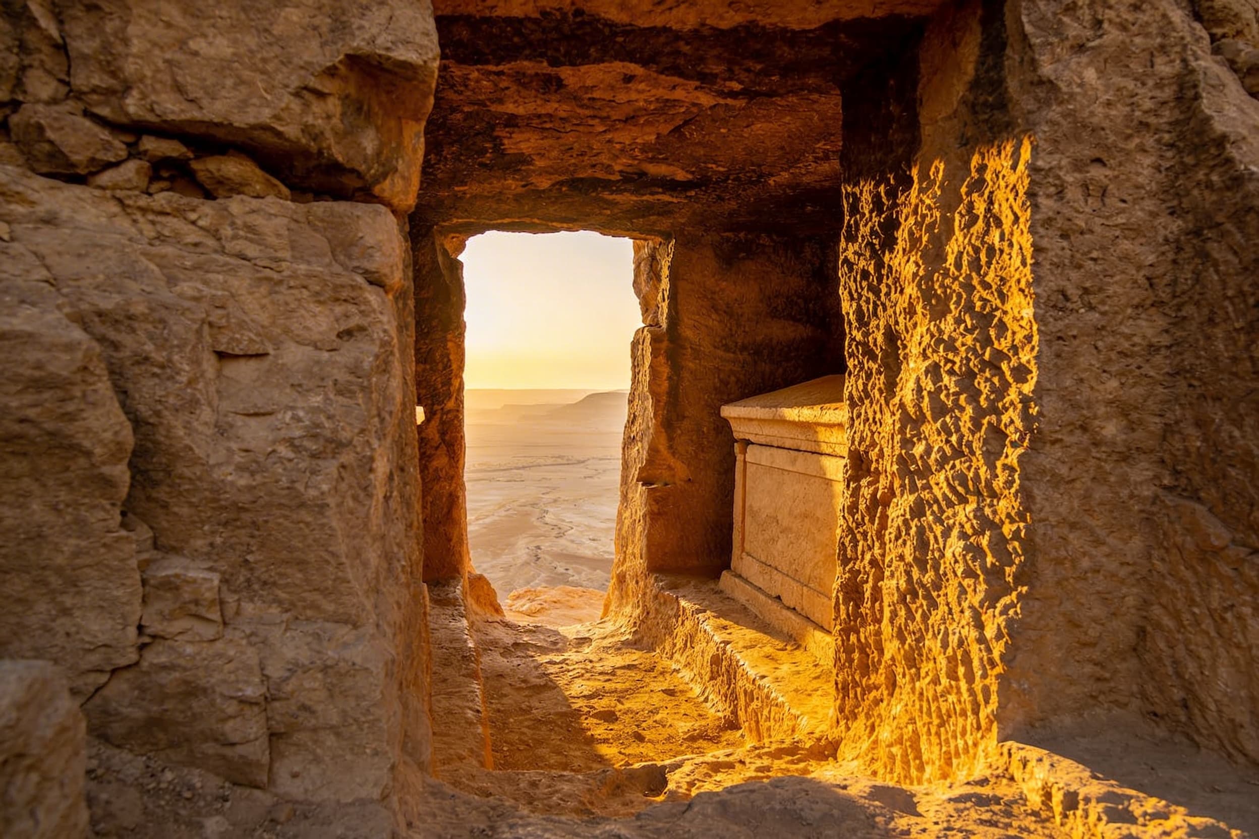 An ancient stone cave burial site with warm golden light filtering through the entrance, evoking Old Testament burial traditions