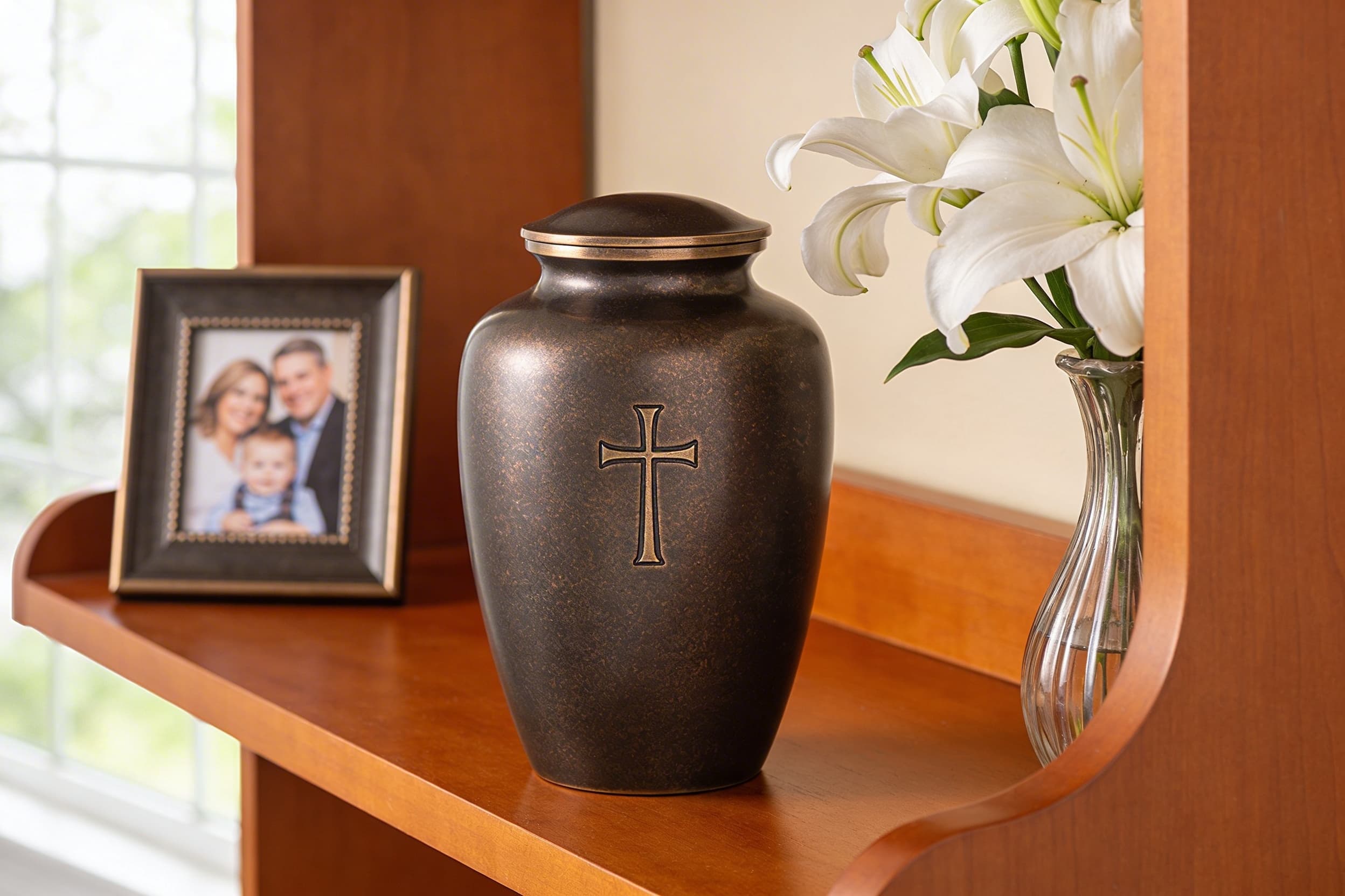 An elegant cremation urn featuring a cross design displayed on a wooden shelf beside a framed family photograph and a vase of white flowers