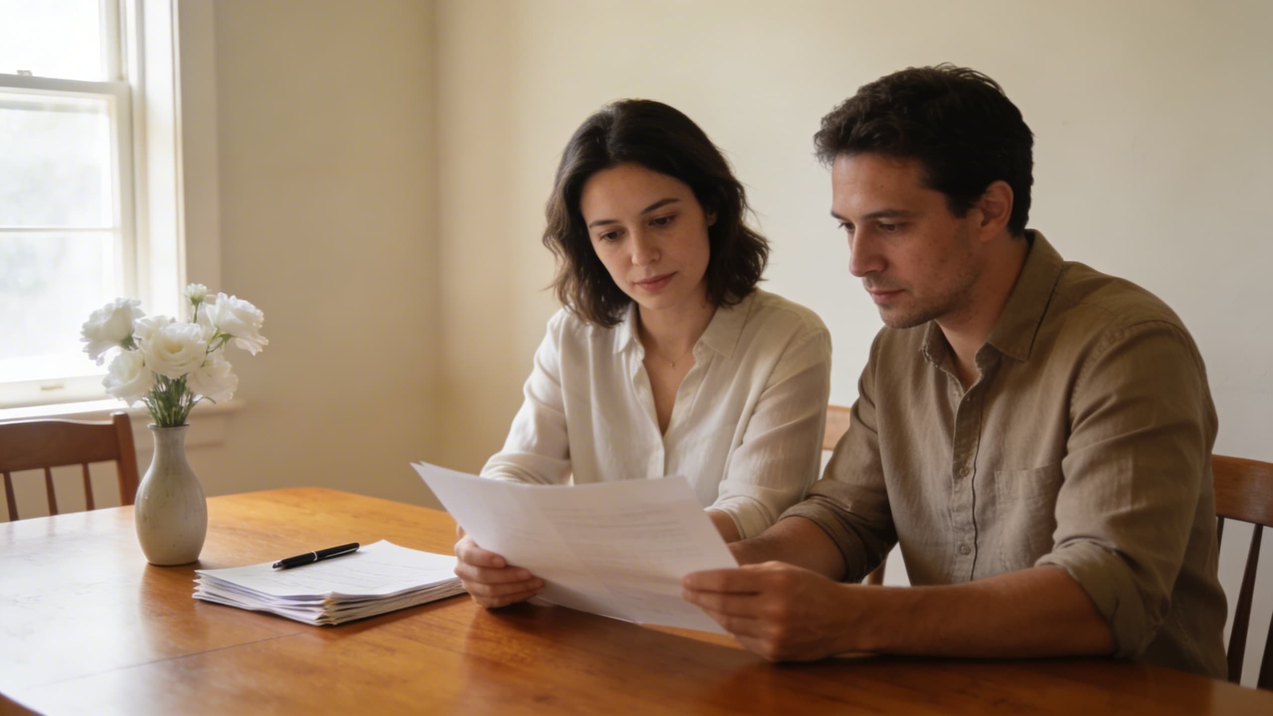 A family seated at a table with funeral planning documents and floral samples spread out in a warmly lit room