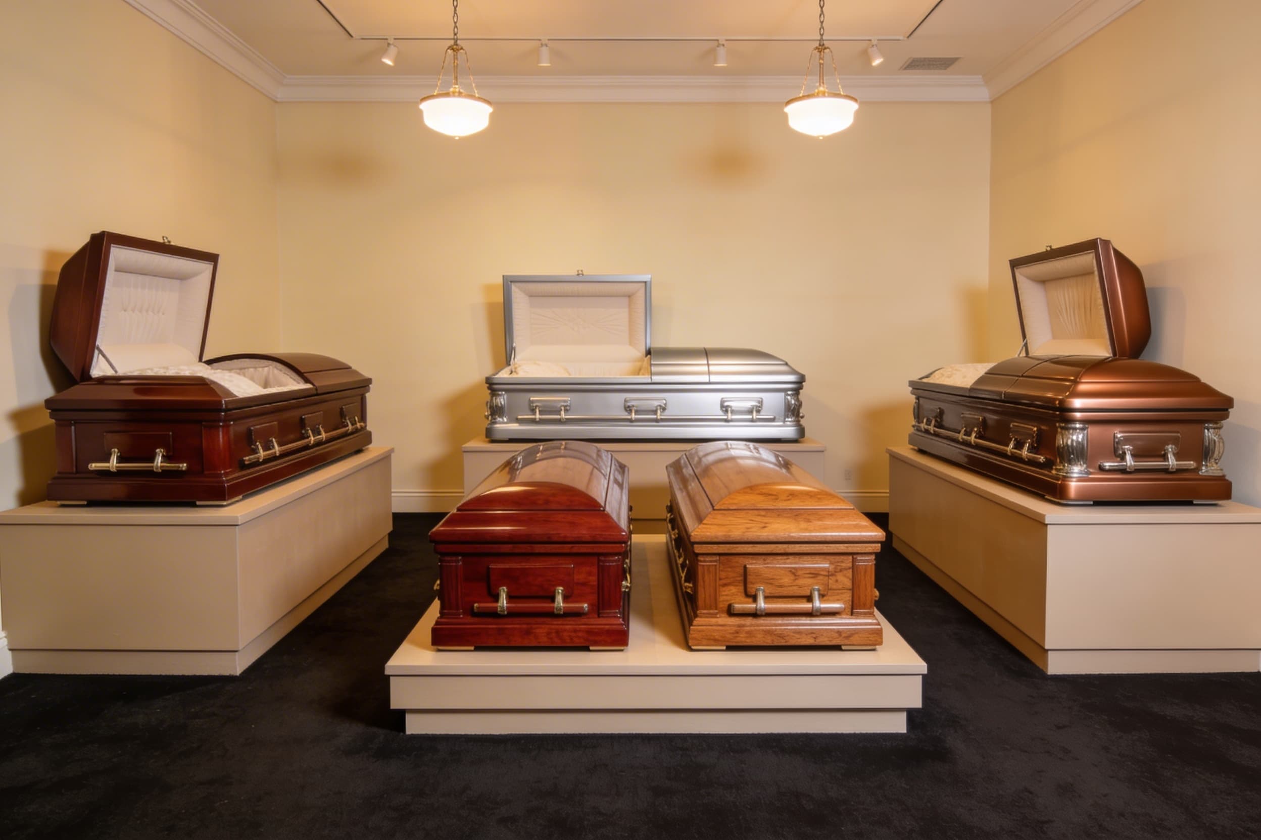 A funeral home casket showroom with several wood and metal caskets displayed under soft overhead lighting