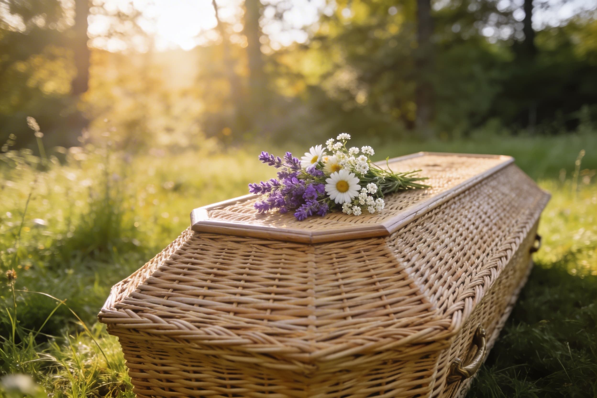 A natural wicker coffin with a spray of wildflowers resting on the lid in an outdoor green burial setting