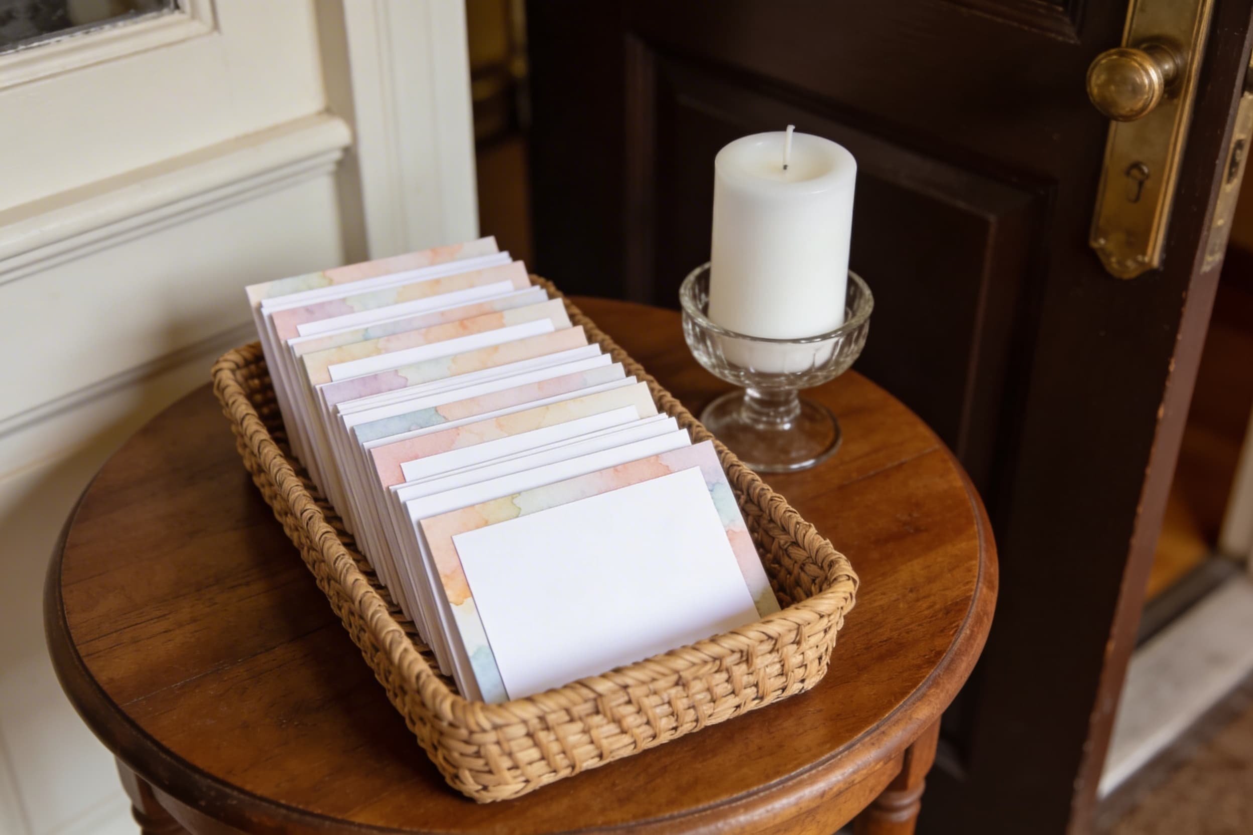 A woven basket filled with neatly stacked celebration of life memorial cards placed on a table near the entrance of a memorial gathering