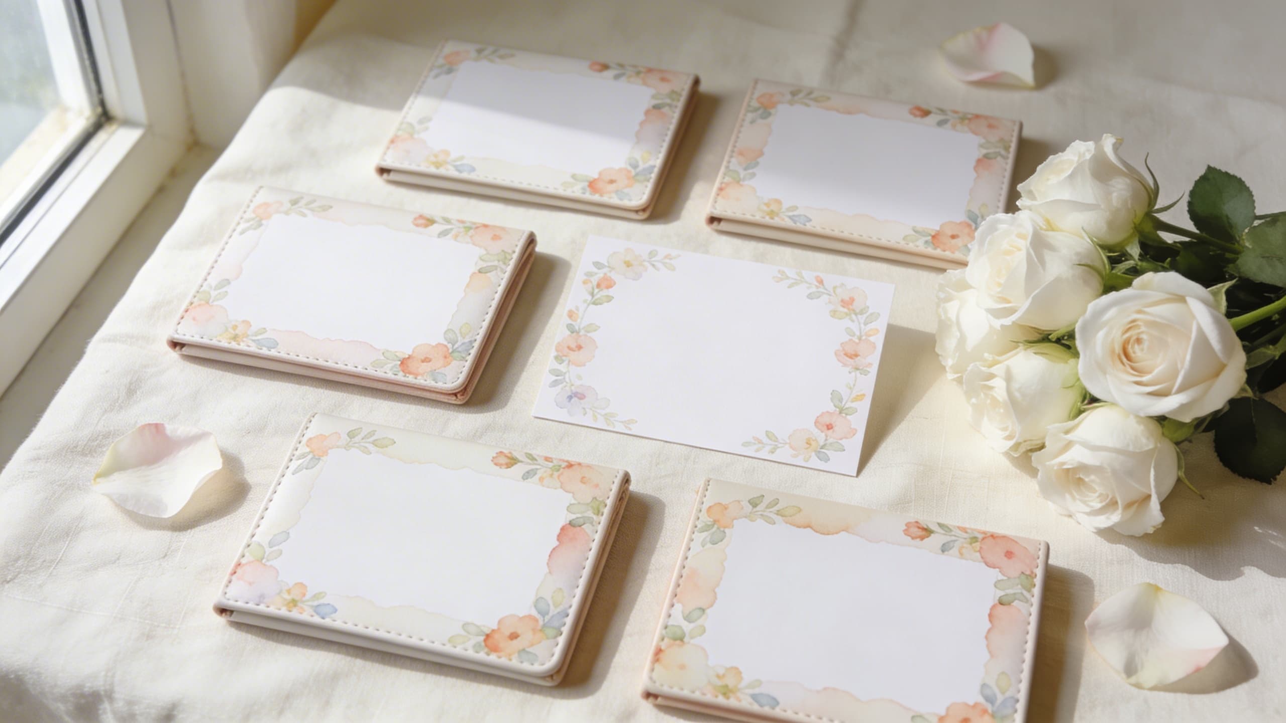 Several personalized celebration of life memorial cards arranged on a table alongside fresh white flowers and a framed photograph