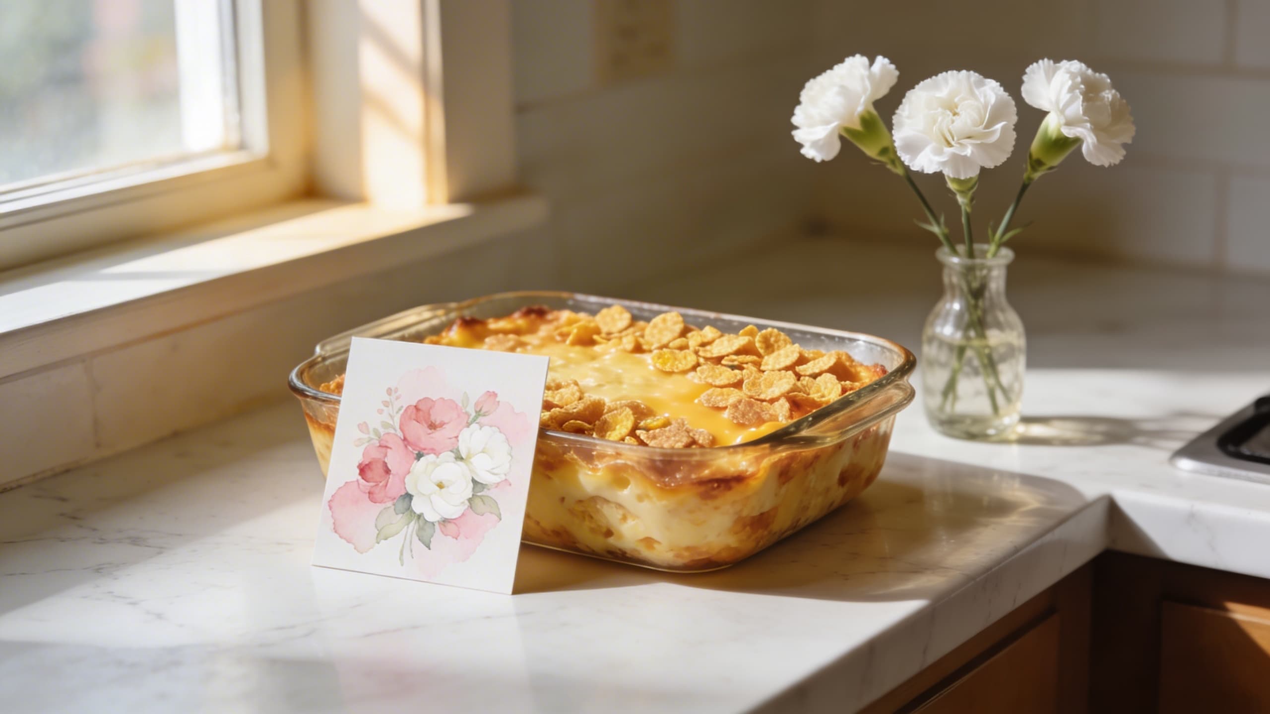 A warm casserole dish on a kitchen counter next to a handwritten sympathy card and a small vase of white flowers