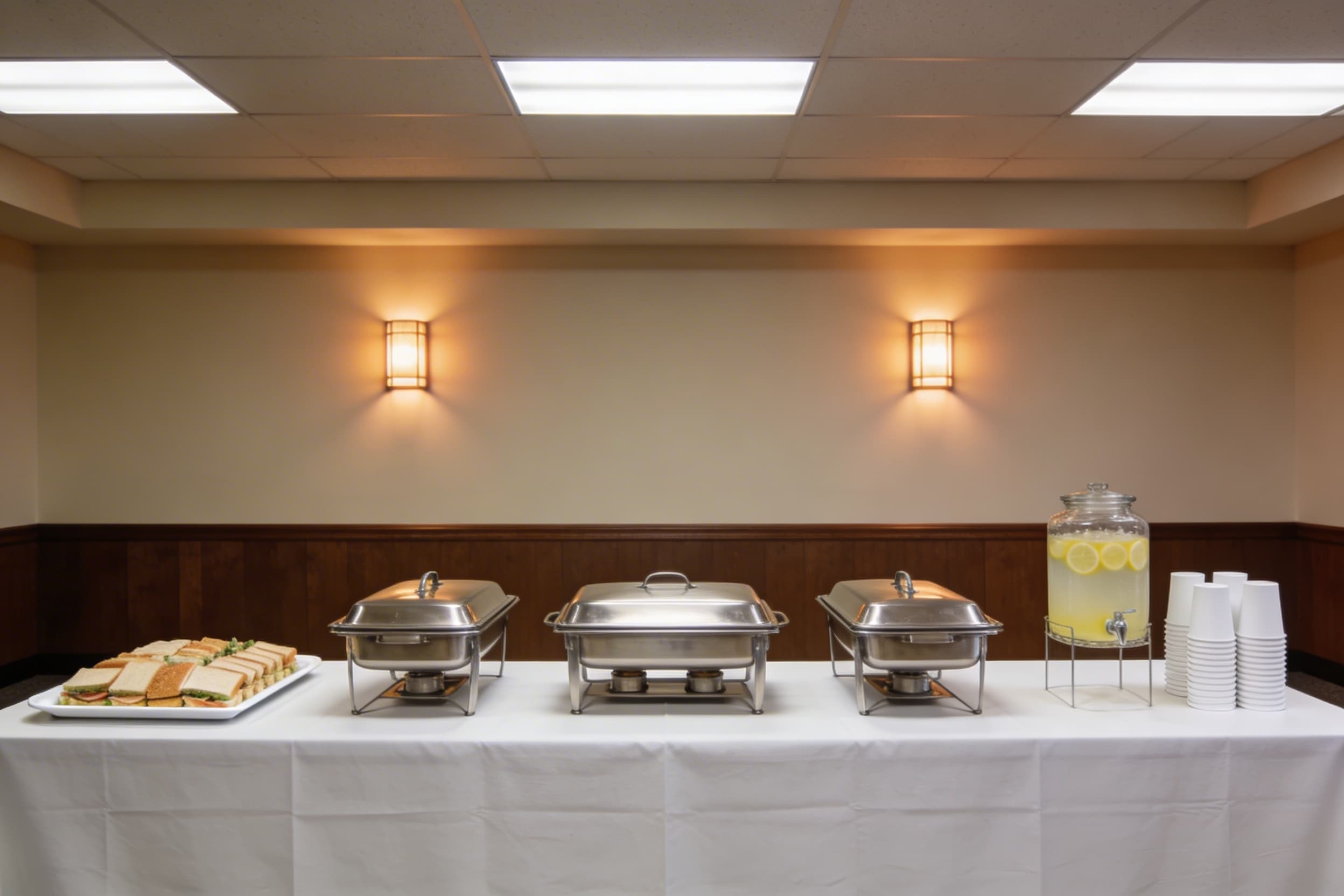 A buffet table set for a funeral reception with casserole dishes, a sandwich platter, and a beverage station in a church fellowship hall