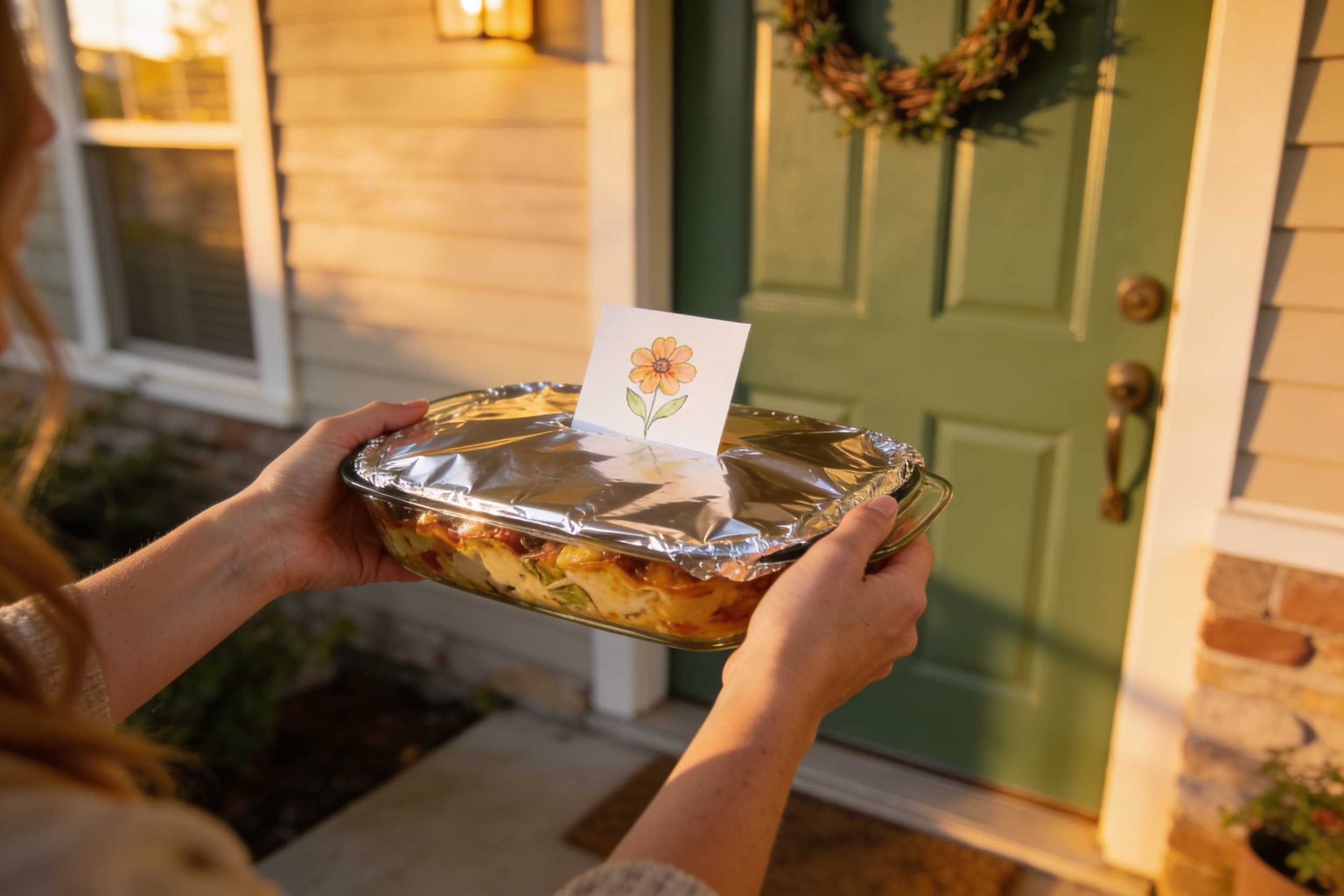 A pair of hands delivering a foil-covered casserole dish to the front door of a home with a small sympathy card tucked alongside