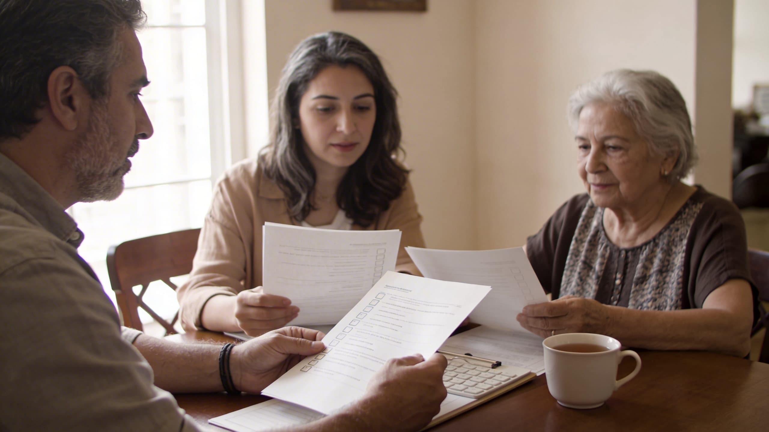 A family seated at a dining table reviewing funeral planning documents together with soft natural light from a nearby window