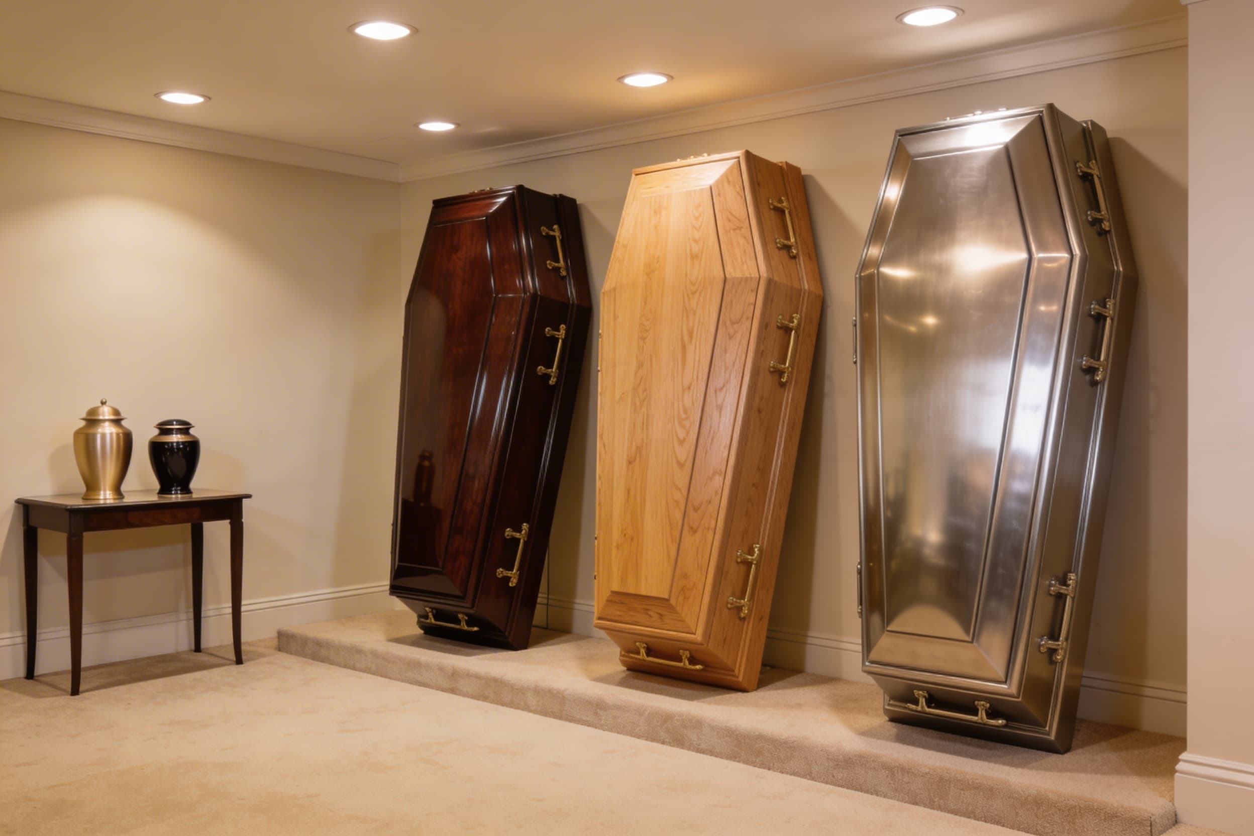 A funeral home showroom displaying caskets and cremation urns with warm ambient lighting and neutral decor