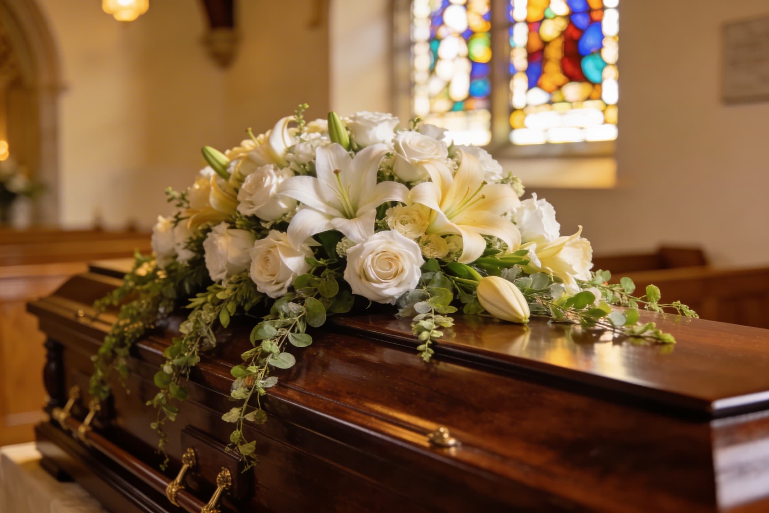 An arrangement of white and cream sympathy flowers draped over a closed casket in a softly lit funeral chapel
