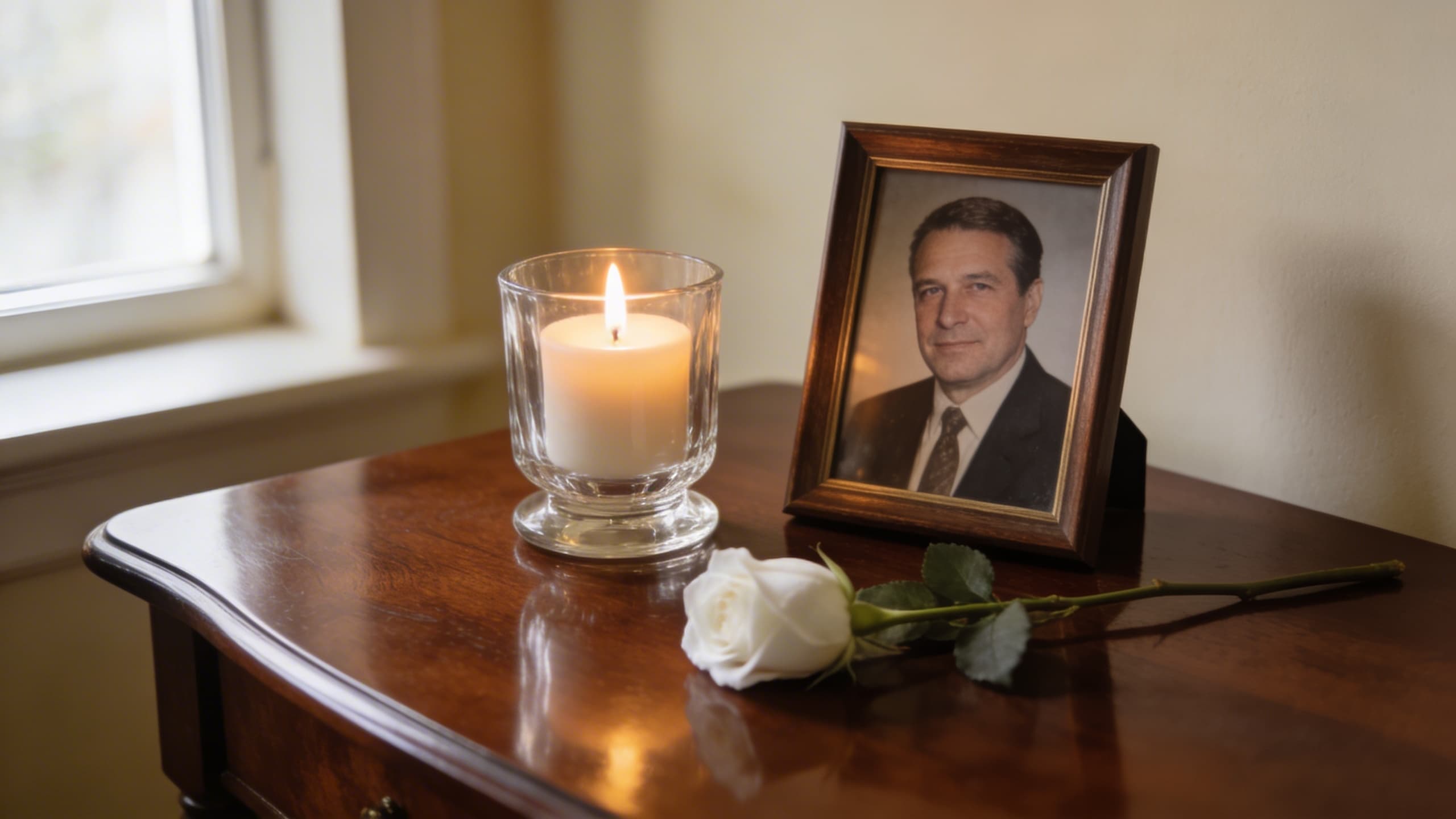 A lit memorial candle beside a framed photograph of a father on a polished wooden table with soft natural light
