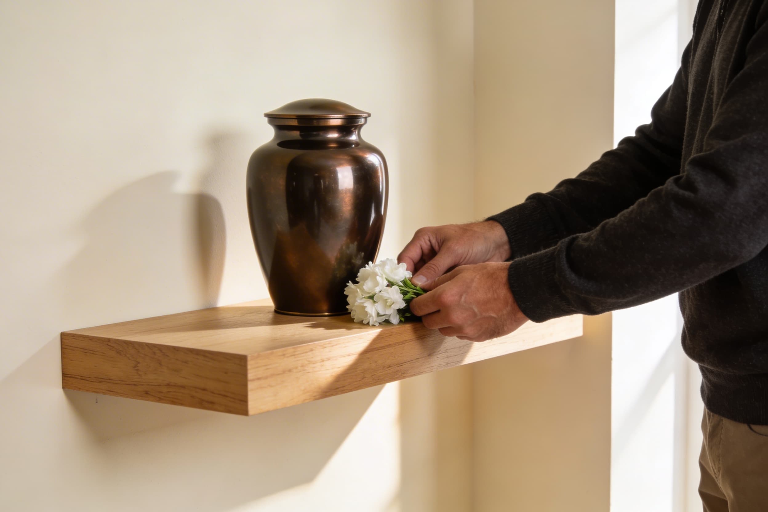 A man gently placing white flowers beside a polished cremation urn on a memorial shelf with soft ambient light