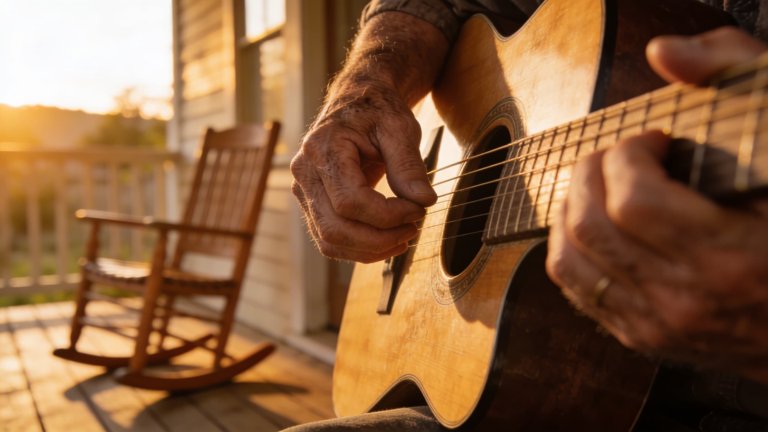 A man's hands strumming an acoustic guitar on a sunlit wooden porch during golden hour