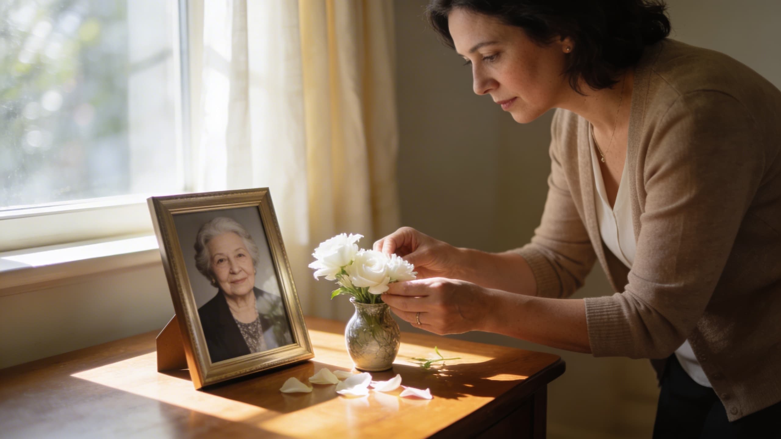 A woman's hands arranging white flowers beside a framed photograph of her mother on a sunlit table with soft warm interior bokeh
