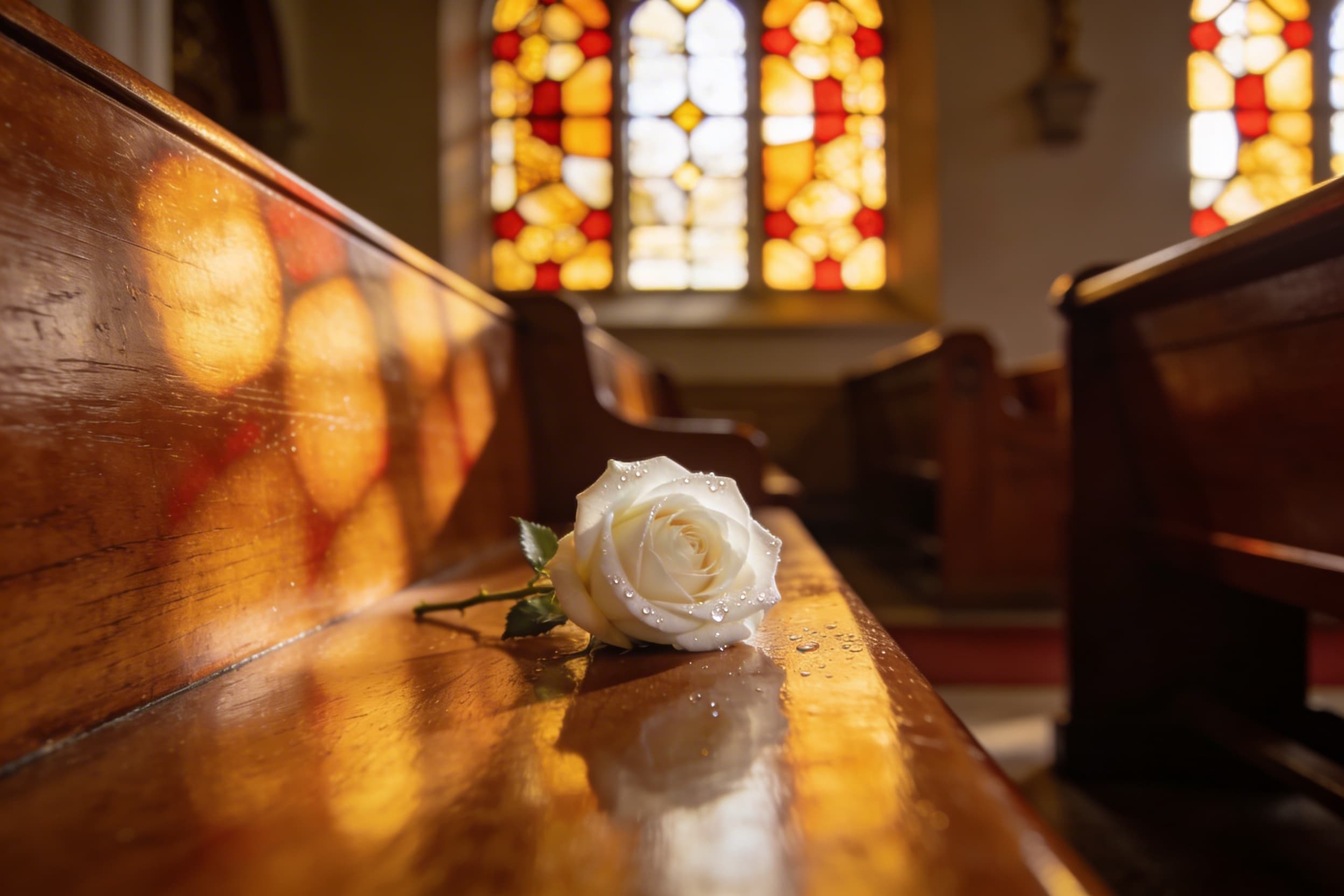 A single white rose resting on a wooden church pew bathed in soft natural light from a stained glass window
