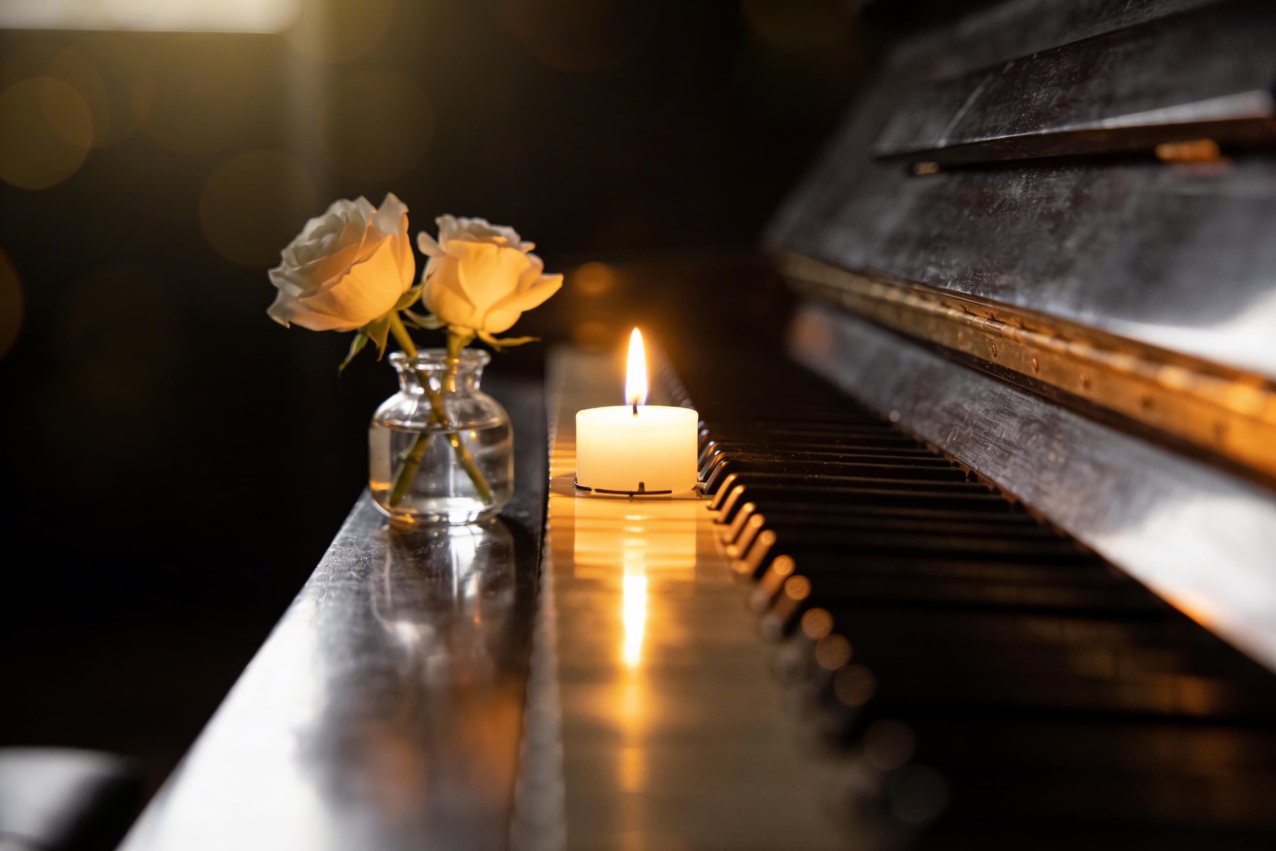 Close-up of piano keys with a single lit candle and small vase of white flowers in soft warm candlelight