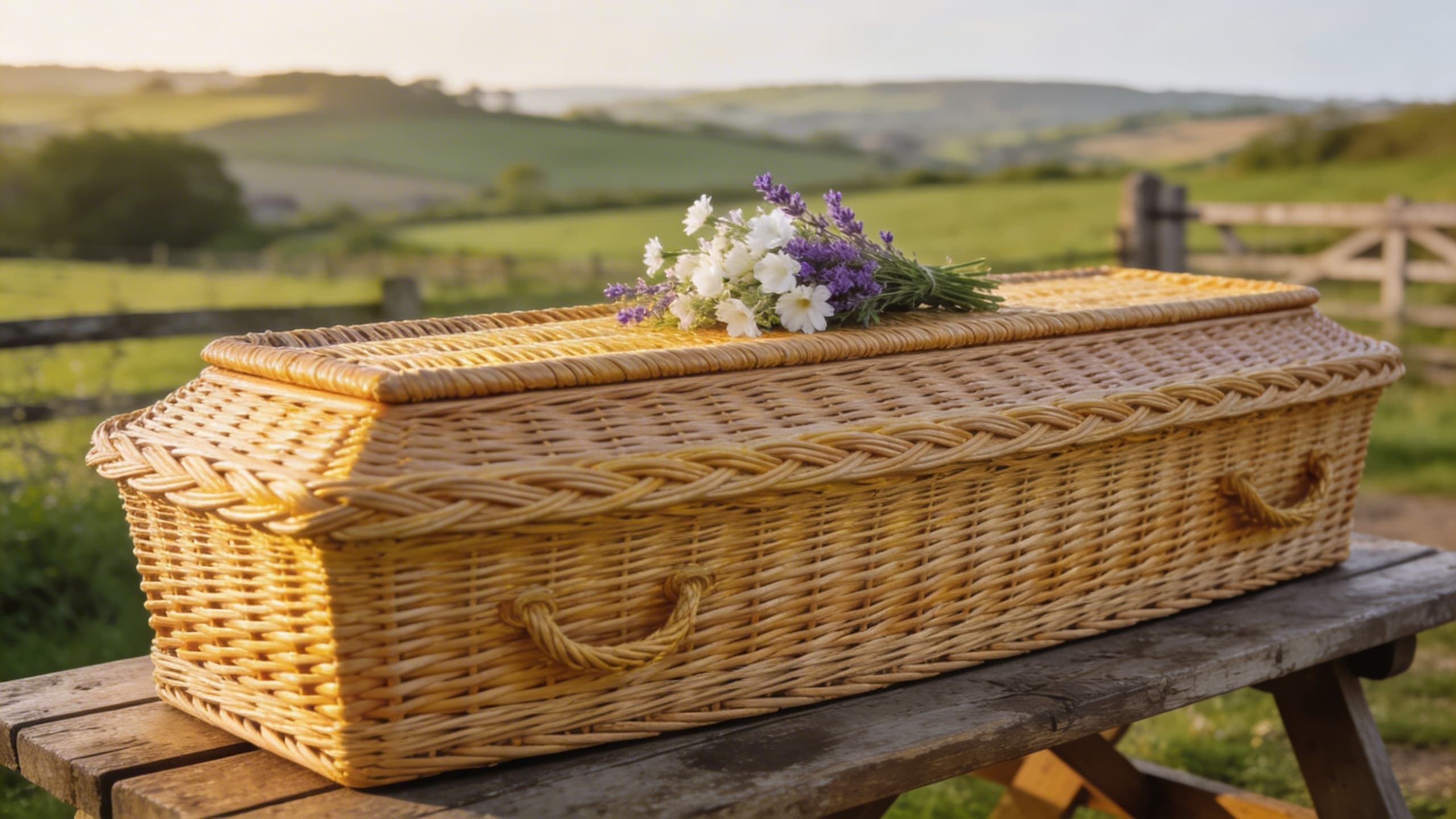 A handwoven willow wicker casket adorned with fresh wildflowers resting on a rustic wooden table in a pastoral countryside setting