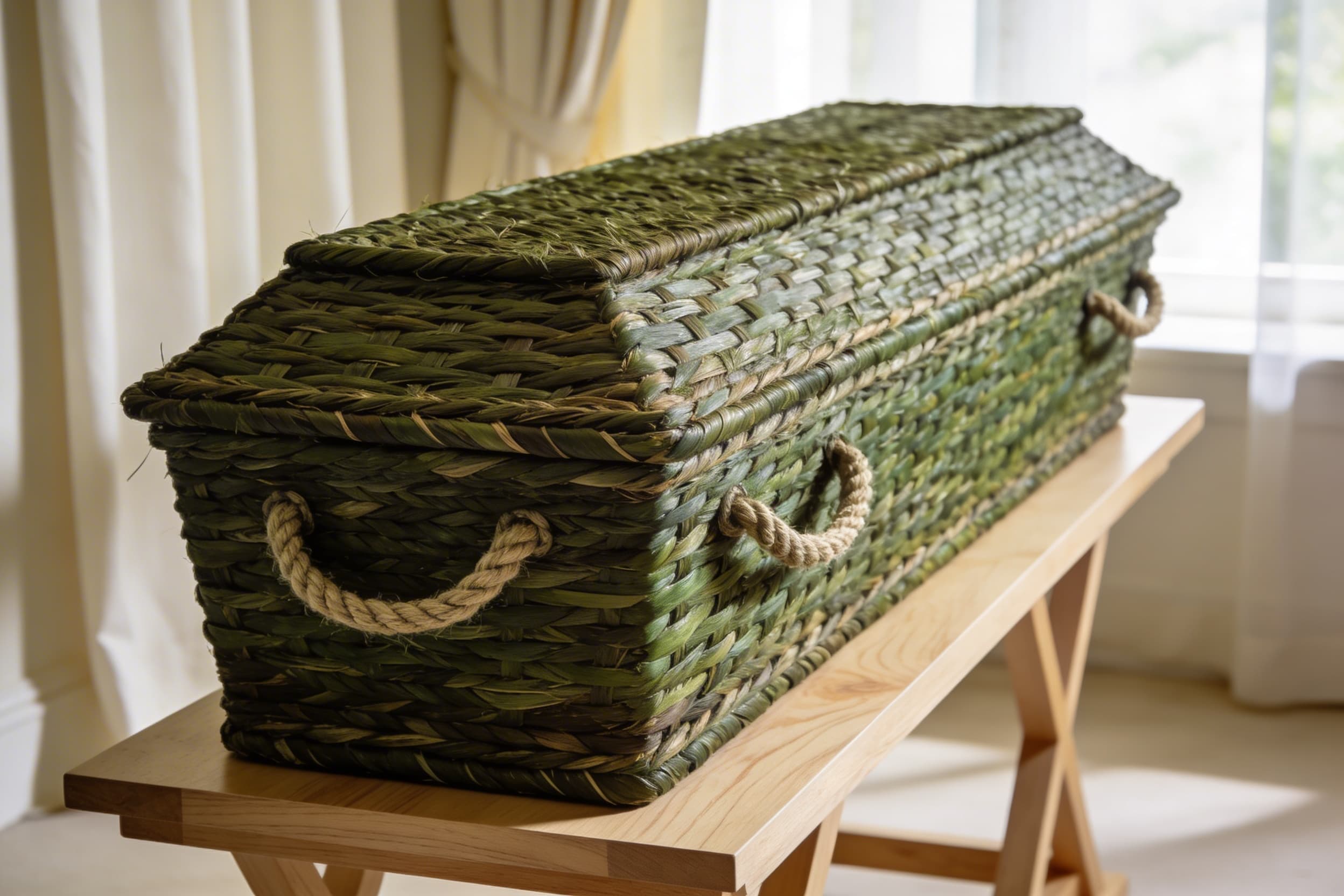 A handwoven seagrass casket with natural green-toned fibers displayed on a simple wooden stand in a softly lit indoor setting