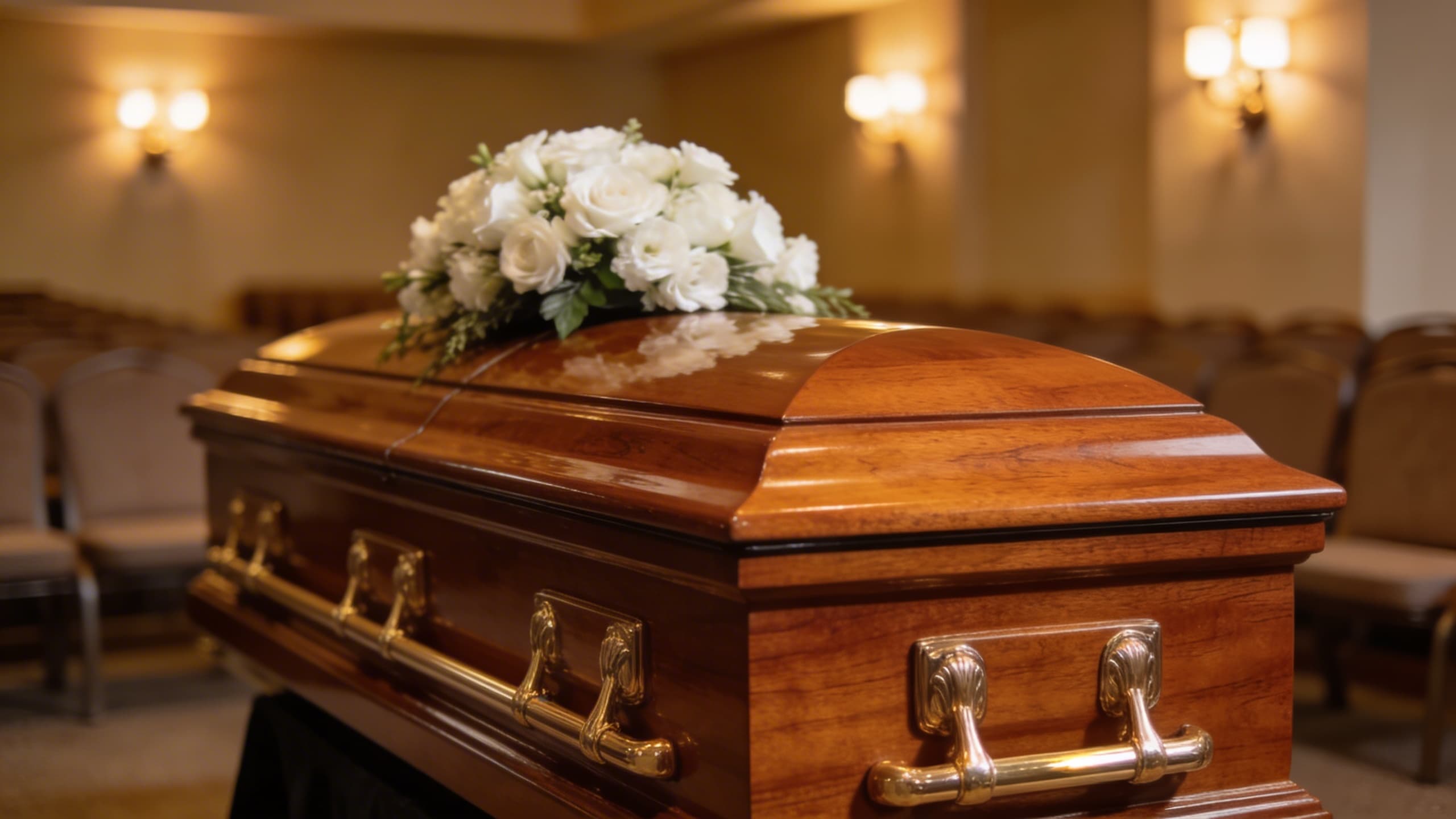 A polished warm wood casket with a white floral spray arrangement in a softly lit funeral home chapel with rows of chairs