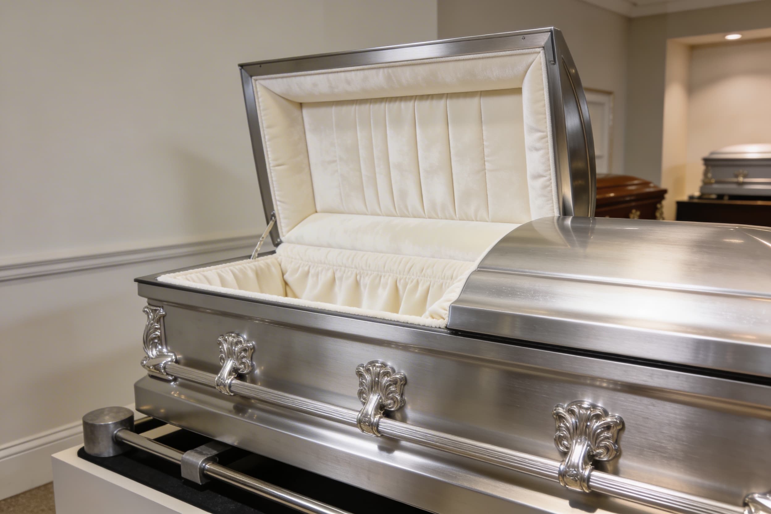A polished silver steel casket with decorative handles and a cream velvet interior displayed in a softly lit showroom