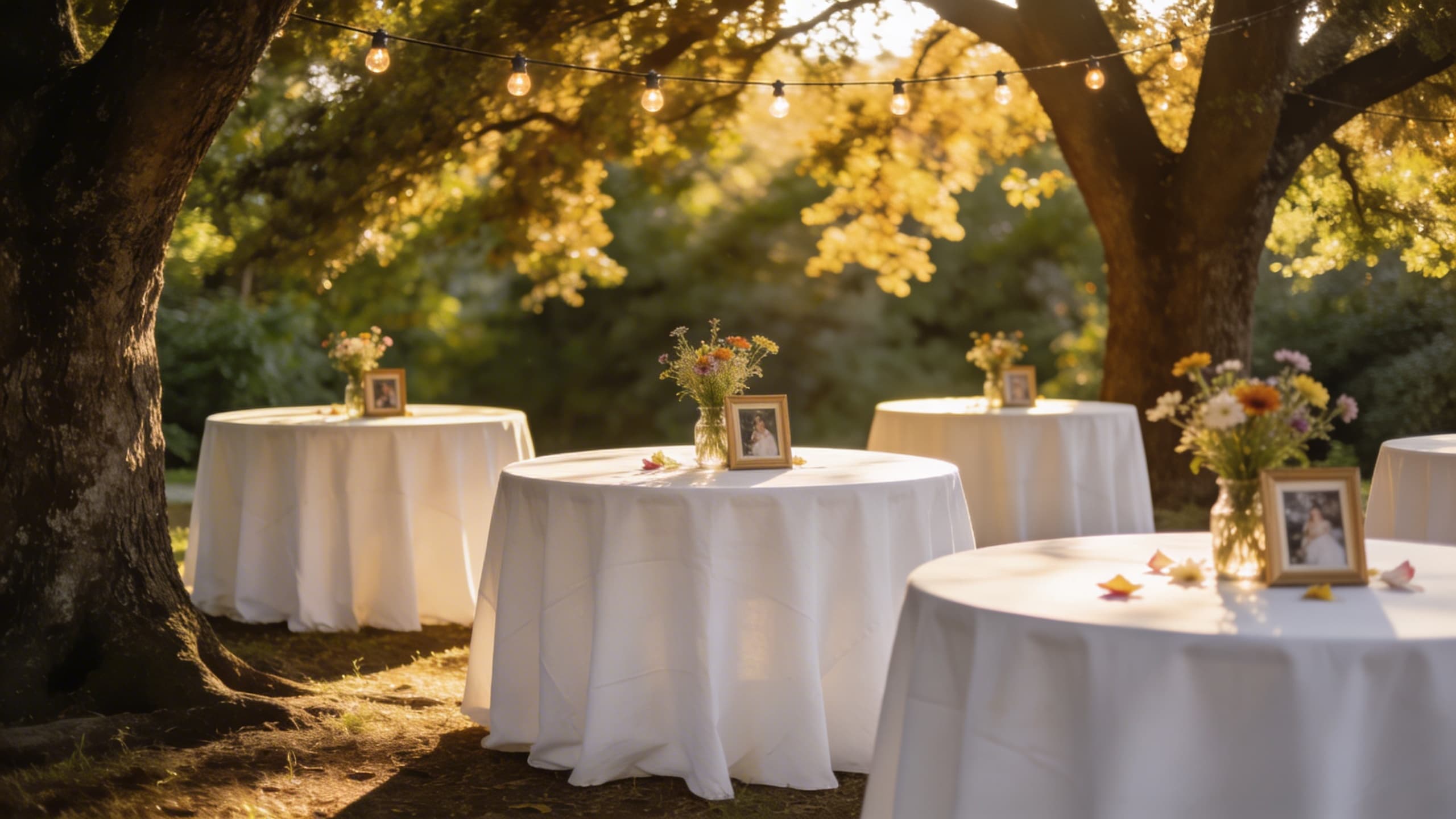 An outdoor celebration of life setup in a sunlit garden with round tables draped in white linen, wildflower arrangements, framed photos, and string lights hanging between trees