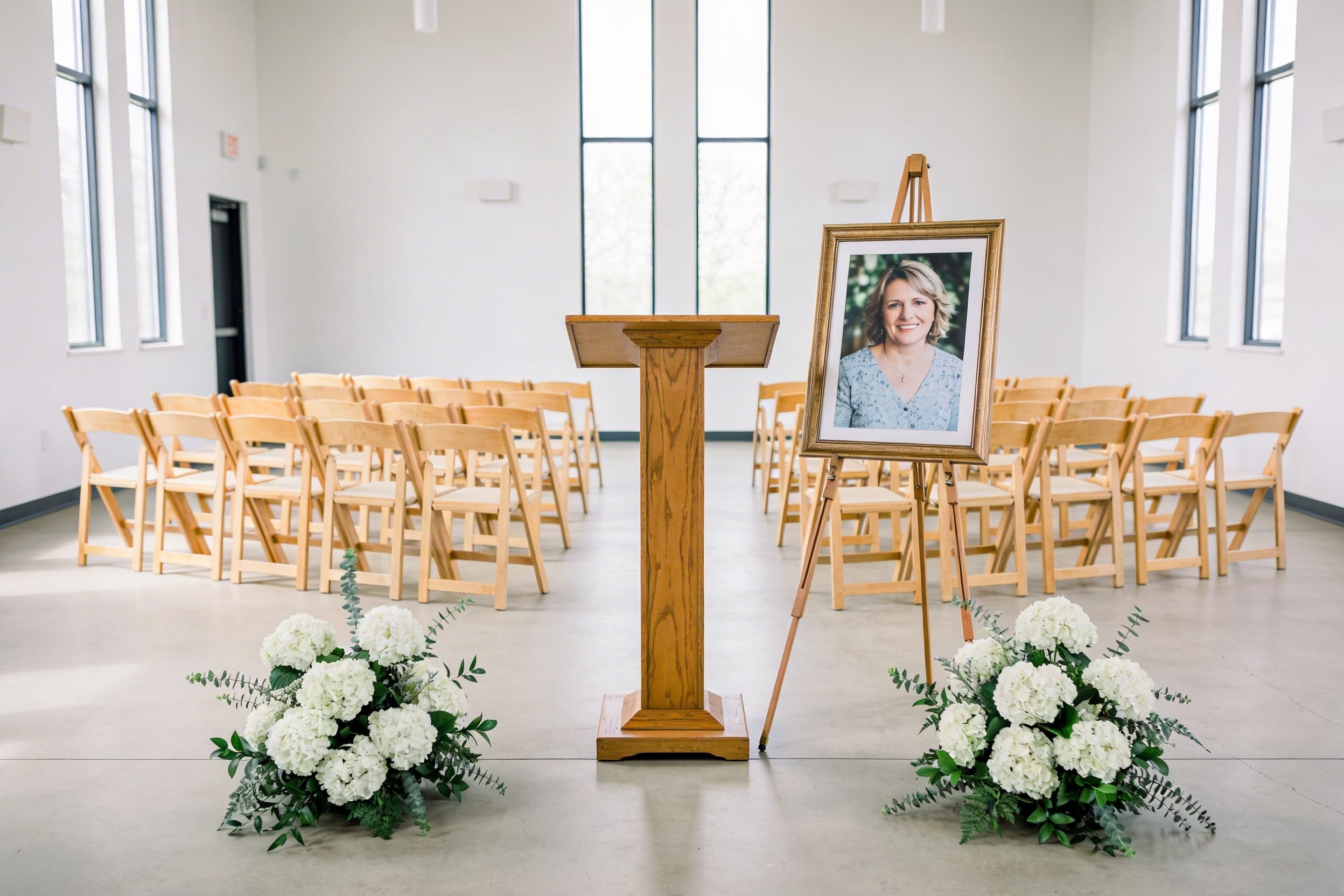 An indoor celebration of life venue with wooden chairs in a semicircle, a simple podium, a framed portrait on an easel, and white hydrangea arrangements in a bright, naturally lit space