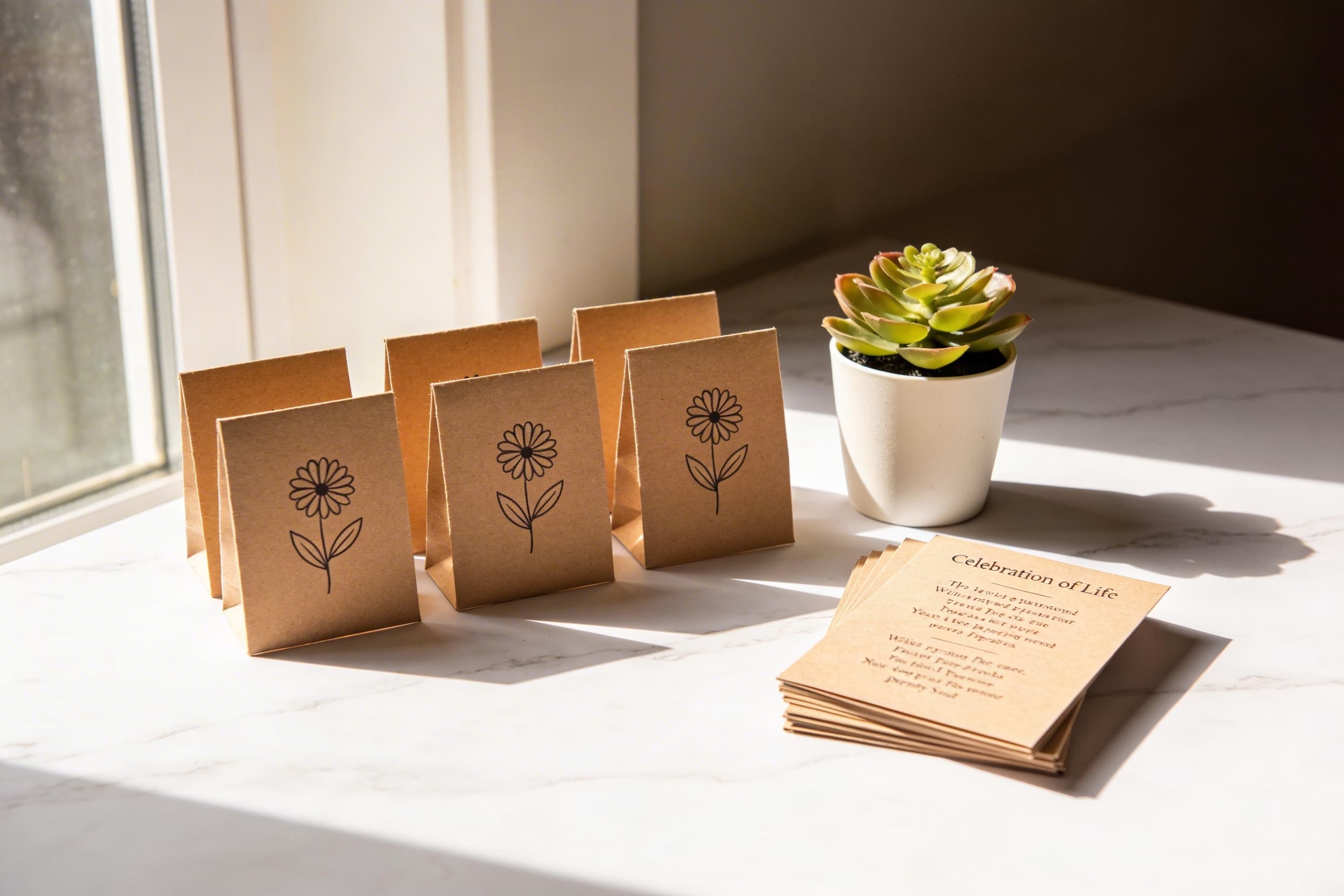 Celebration of life keepsakes including kraft paper seed packets, printed memorial cards, and a small potted succulent arranged on a white marble surface