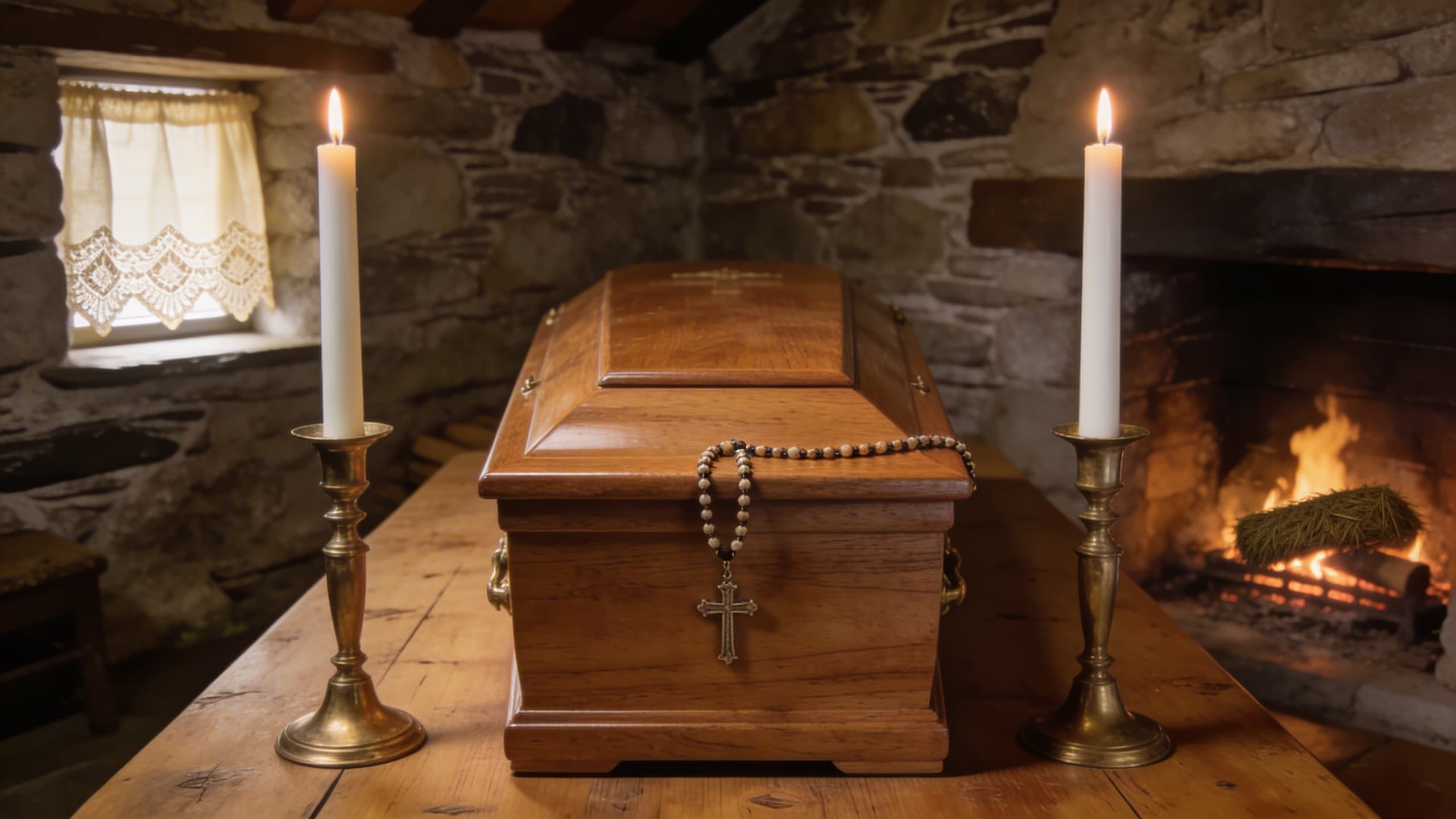 A softly lit Irish cottage interior with candles burning around a simple wooden coffin, a rosary draped over the edge, and warm firelight in the background