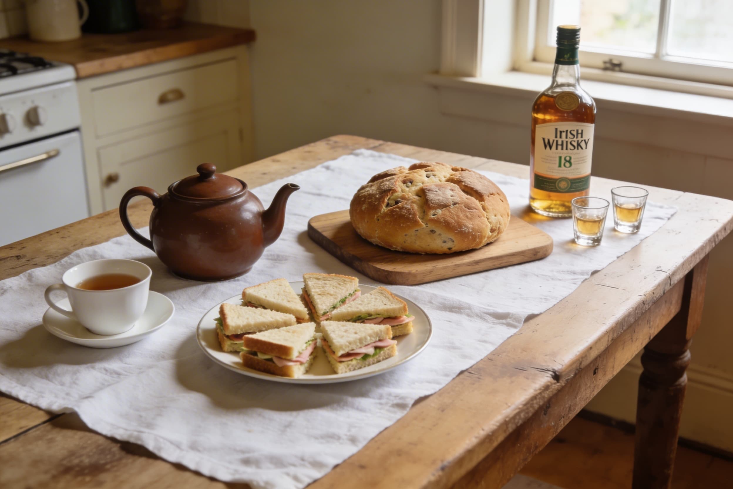 A simple table spread with tea, sandwiches, soda bread, and a bottle of whiskey set out for guests at an Irish wake gathering
